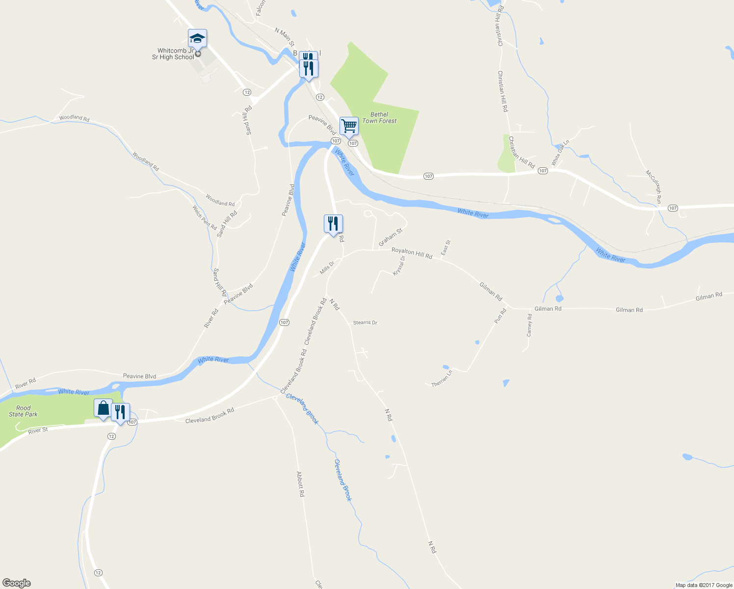 map of restaurants, bars, coffee shops, grocery stores, and more near 292 Krystal Drive in Bethel
