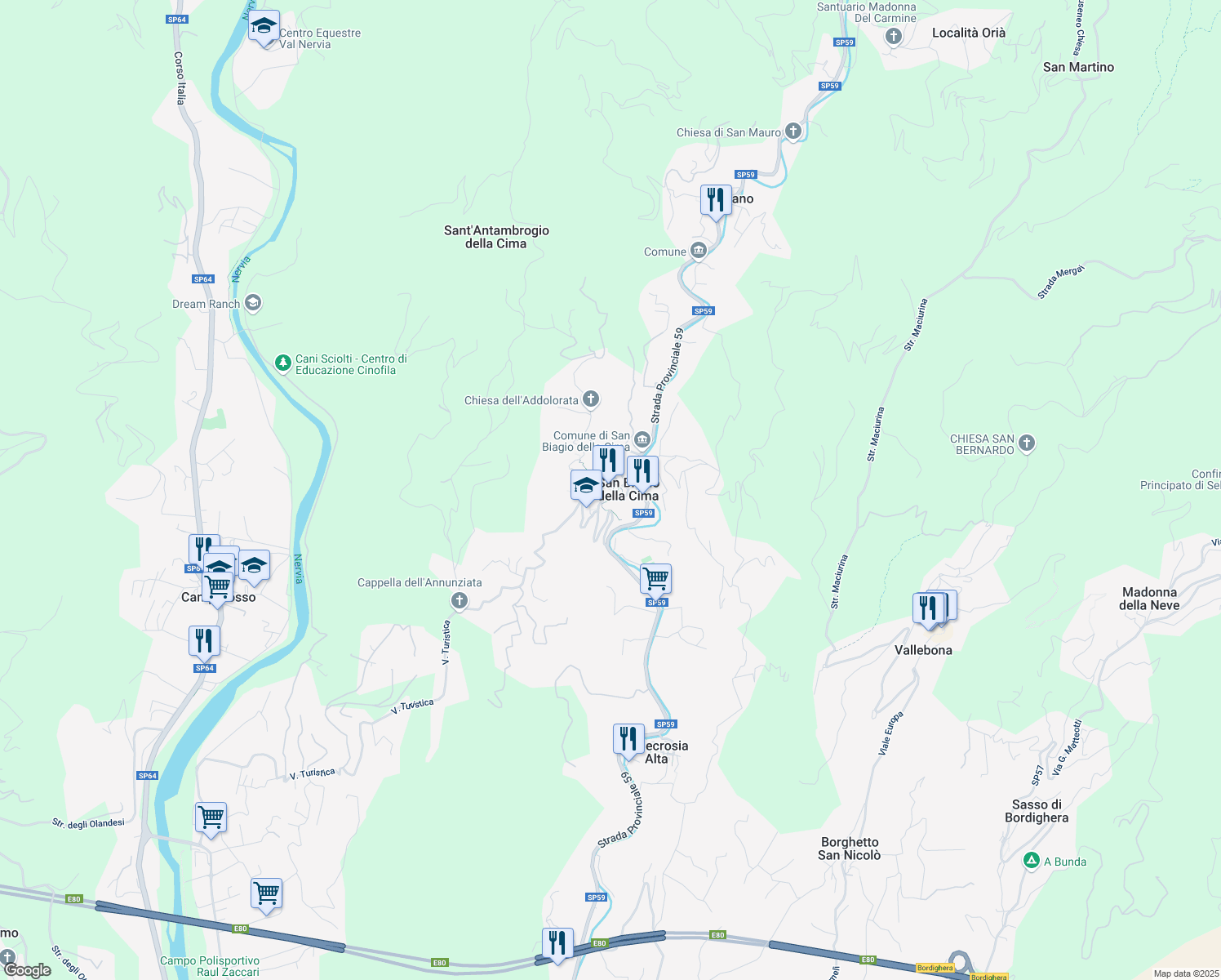 map of restaurants, bars, coffee shops, grocery stores, and more near 2-6 Via San Biagio in San Biagio della Cima