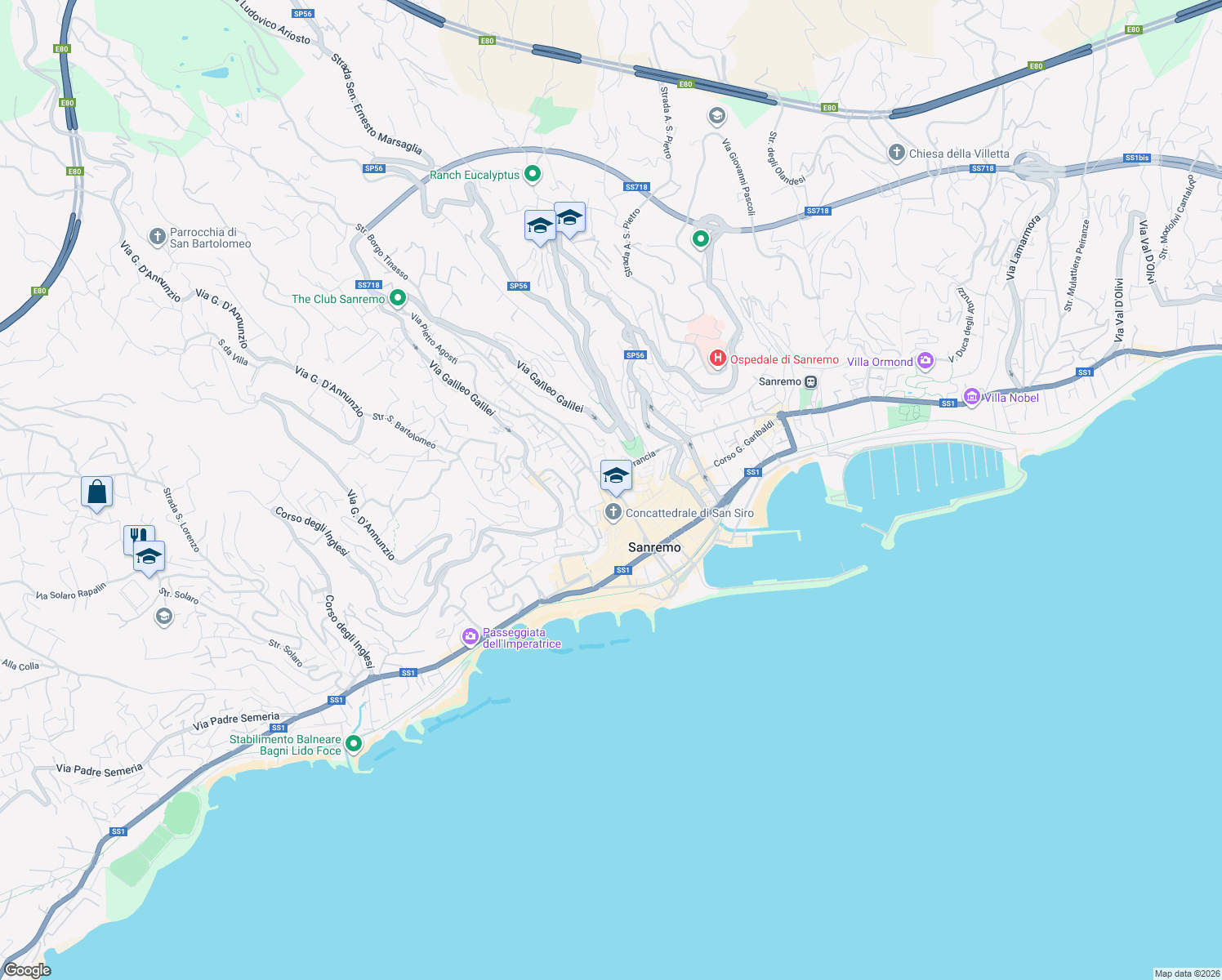 map of restaurants, bars, coffee shops, grocery stores, and more near 11 Via Morardo in Sanremo