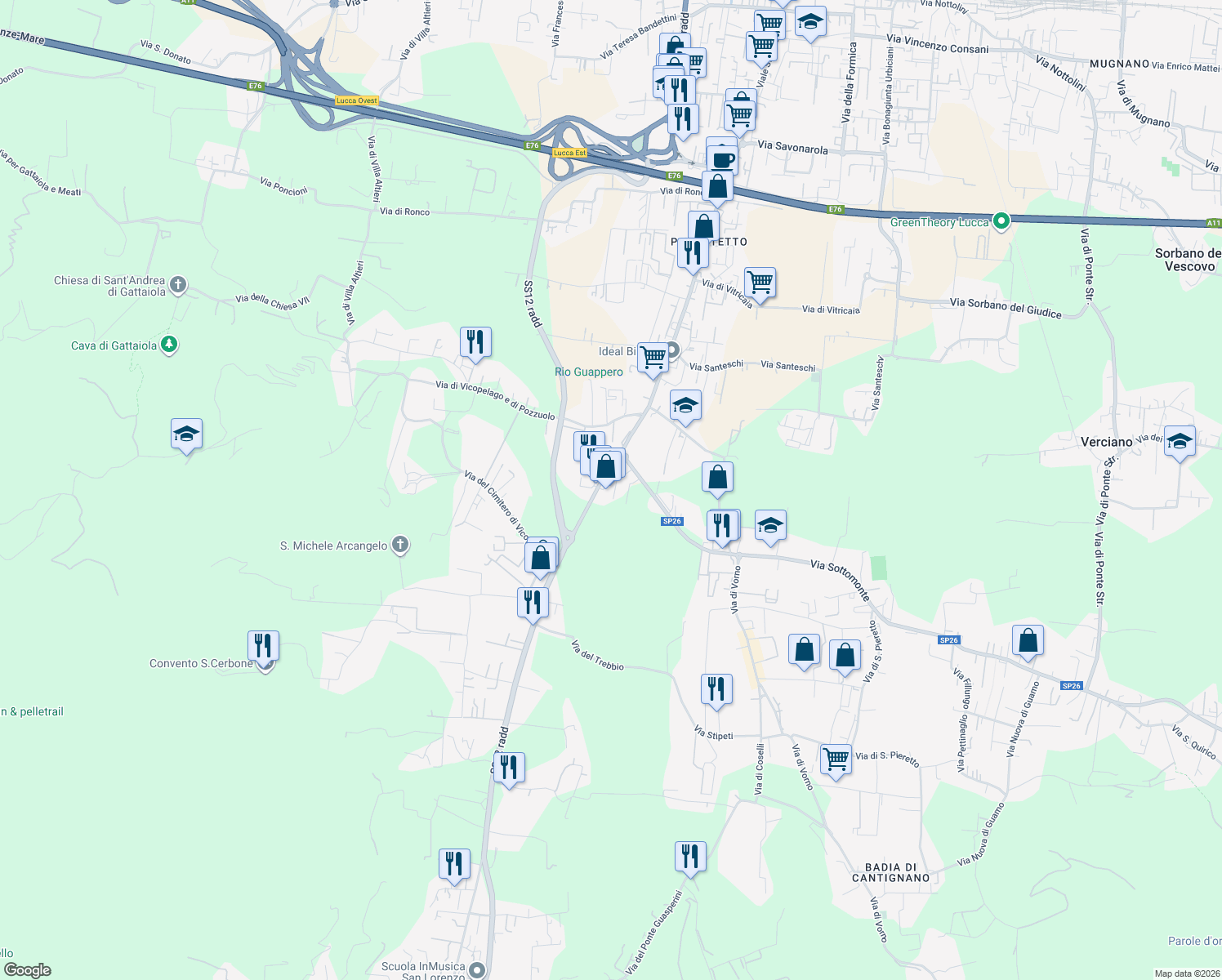 map of restaurants, bars, coffee shops, grocery stores, and more near 523 Via Nuova per Pisa in Lucca