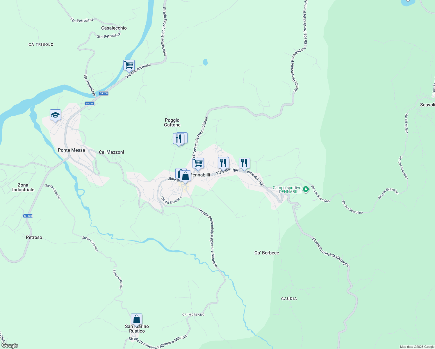 map of restaurants, bars, coffee shops, grocery stores, and more near 6 Viale dei Tigli in Pennabilli