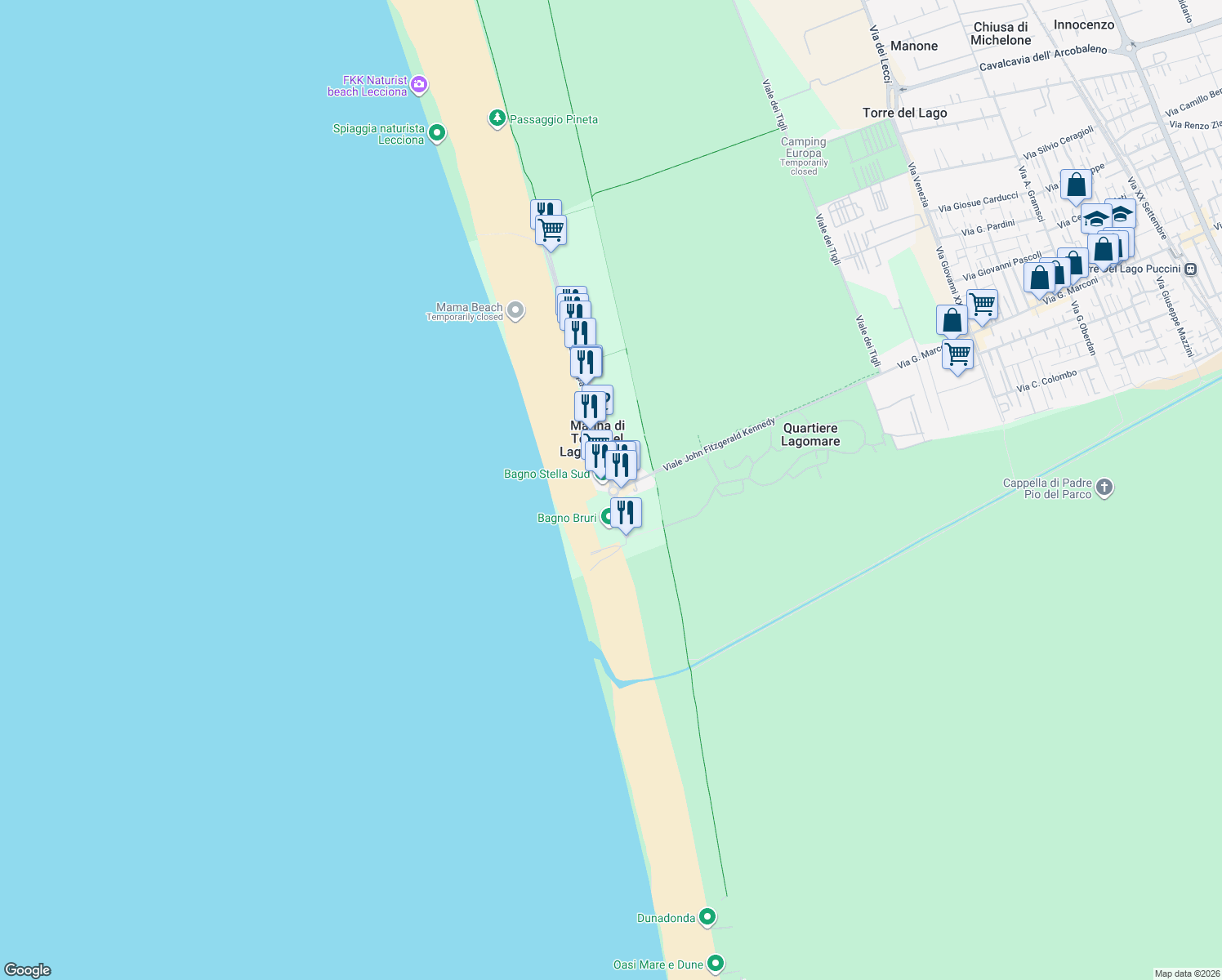 map of restaurants, bars, coffee shops, grocery stores, and more near Viale John Fitzgerald Kennedy in Marina di Torre del Lago Puccini