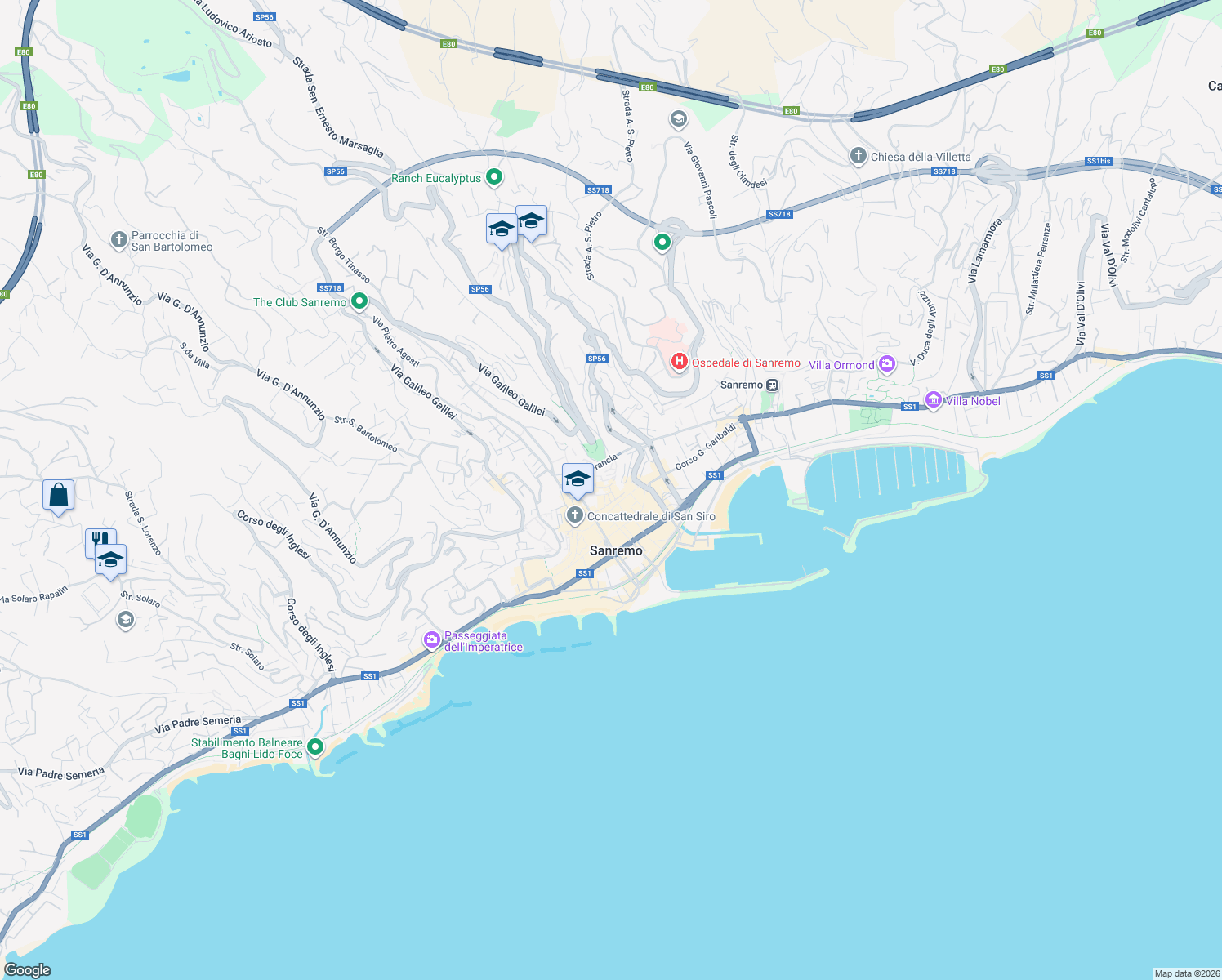map of restaurants, bars, coffee shops, grocery stores, and more near 180 Piazza Gian Domenico Cassini in Sanremo