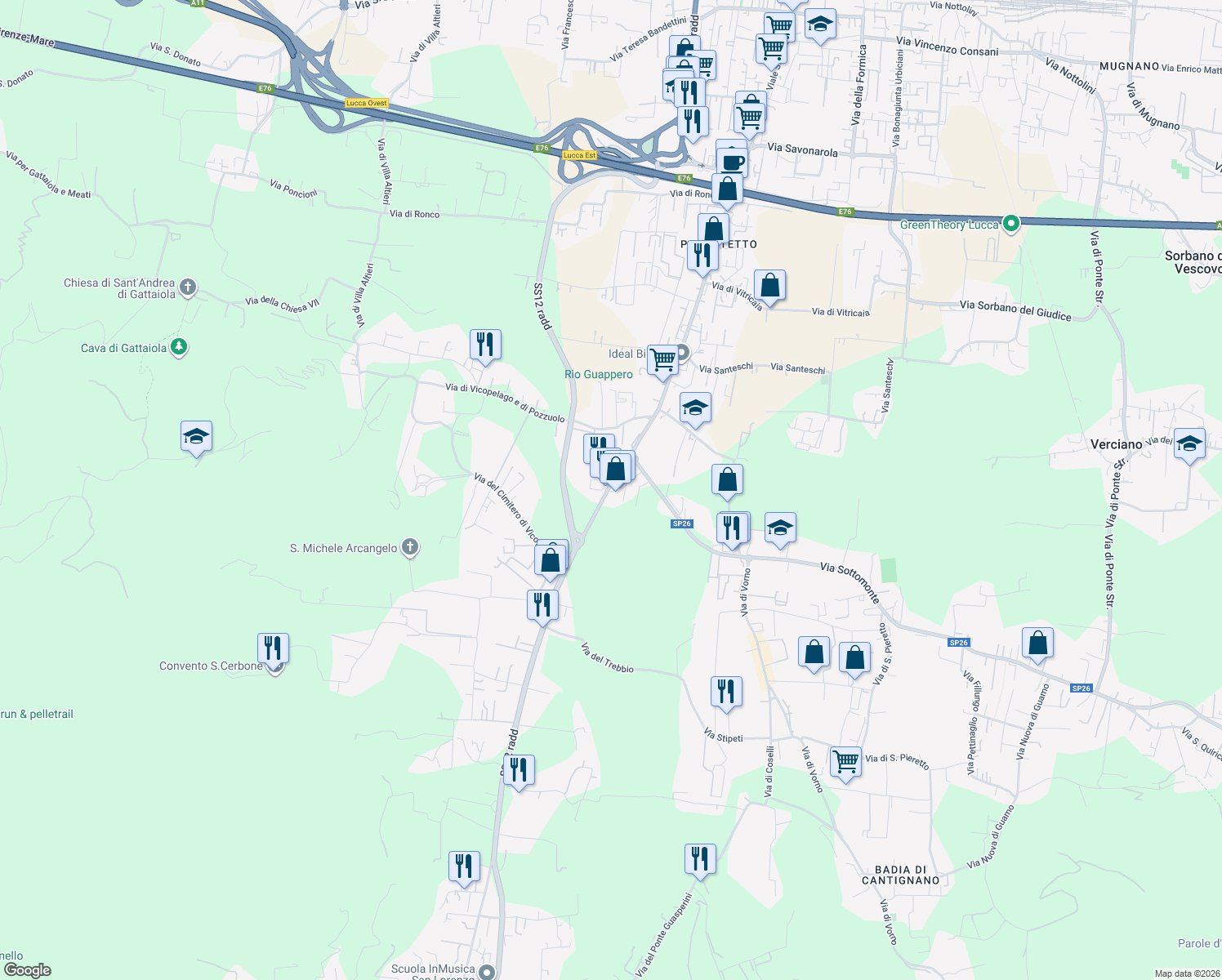 map of restaurants, bars, coffee shops, grocery stores, and more near 521-523 Via Nuova per Pisa in Lucca