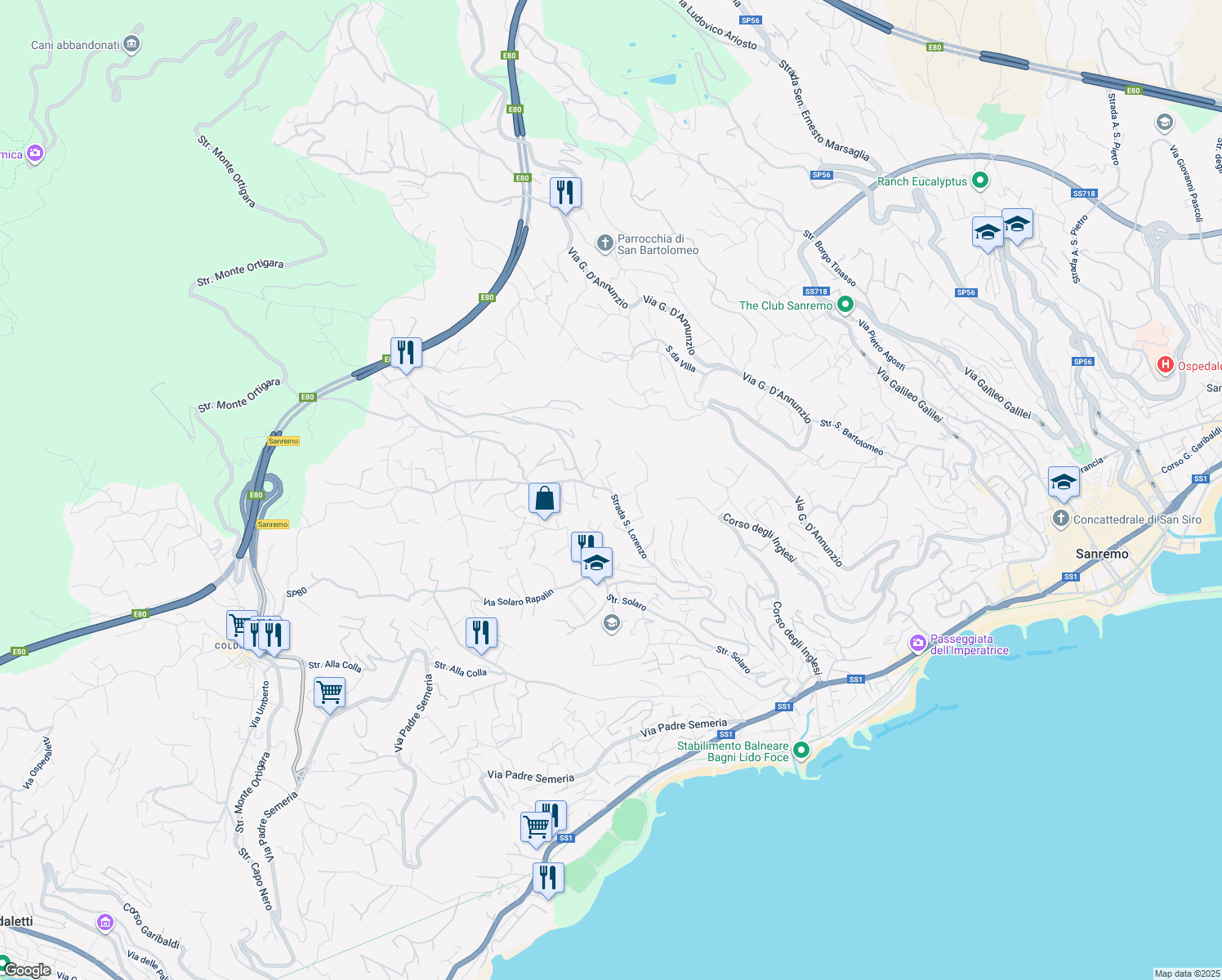 map of restaurants, bars, coffee shops, grocery stores, and more near 76 Strada San Lorenzo in Sanremo