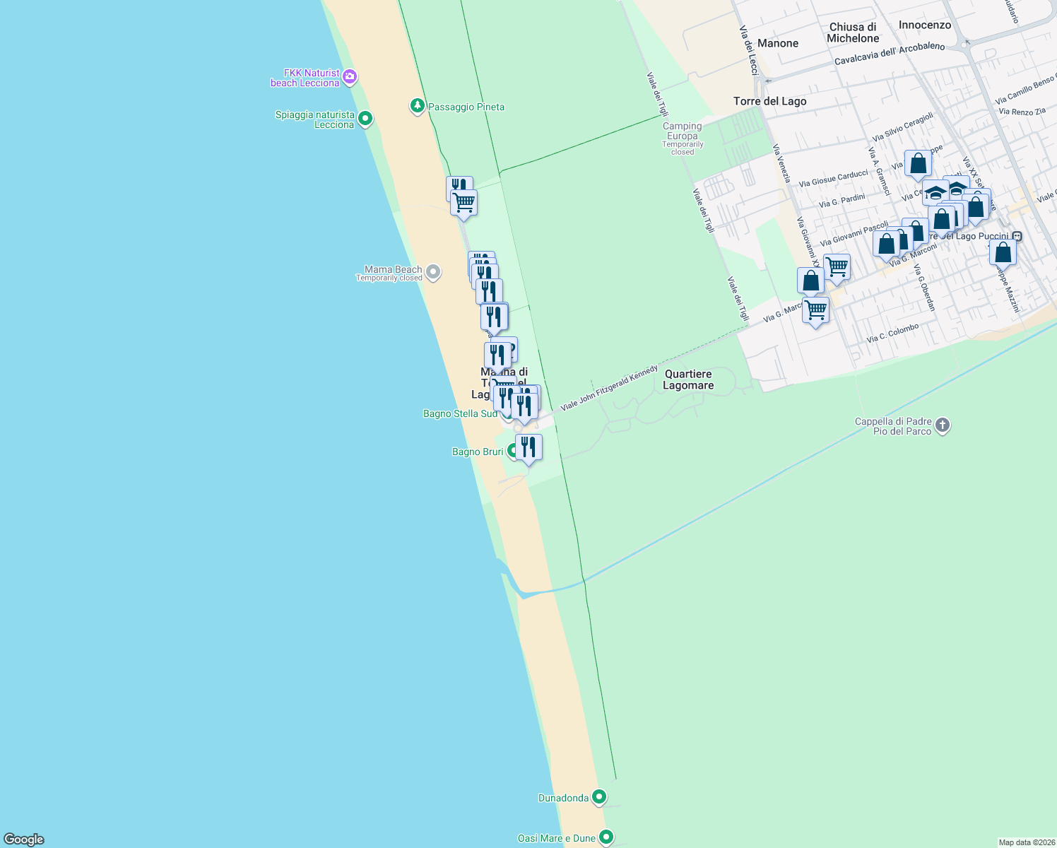 map of restaurants, bars, coffee shops, grocery stores, and more near Viale John Fitzgerald Kennedy in Marina di Torre del Lago Puccini