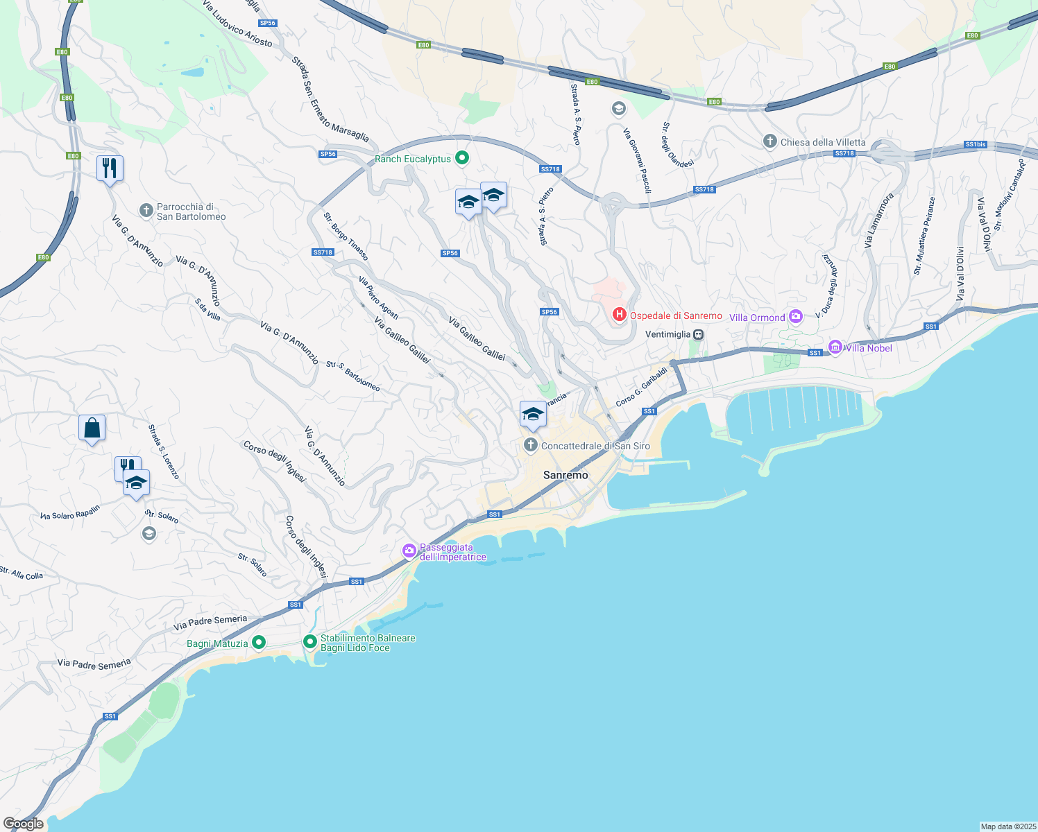 map of restaurants, bars, coffee shops, grocery stores, and more near in Sanremo