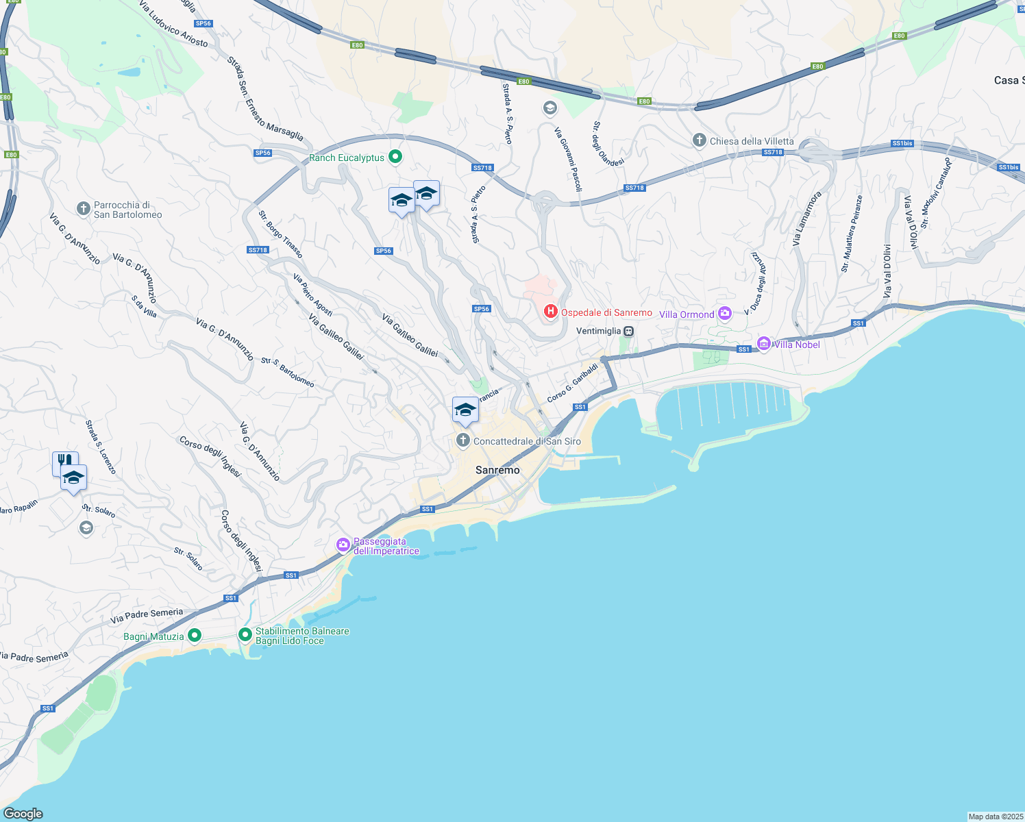 map of restaurants, bars, coffee shops, grocery stores, and more near 78 Via Giacomo Matteotti in Sanremo