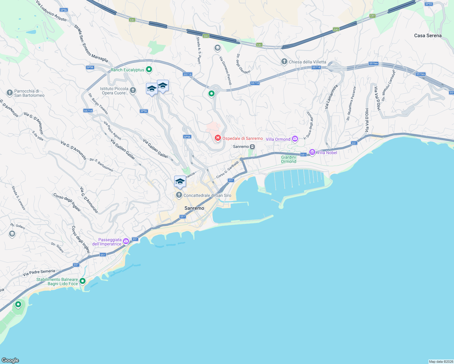 map of restaurants, bars, coffee shops, grocery stores, and more near 10 Corso Raimondo Orazio in Sanremo