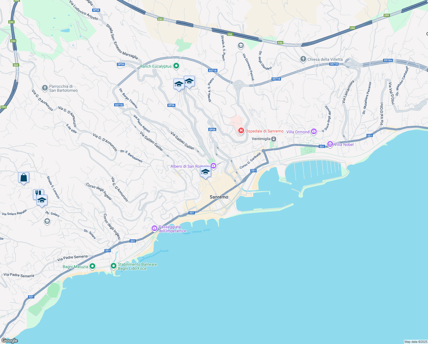 map of restaurants, bars, coffee shops, grocery stores, and more near 180 Piazza Gian Domenico Cassini in Sanremo