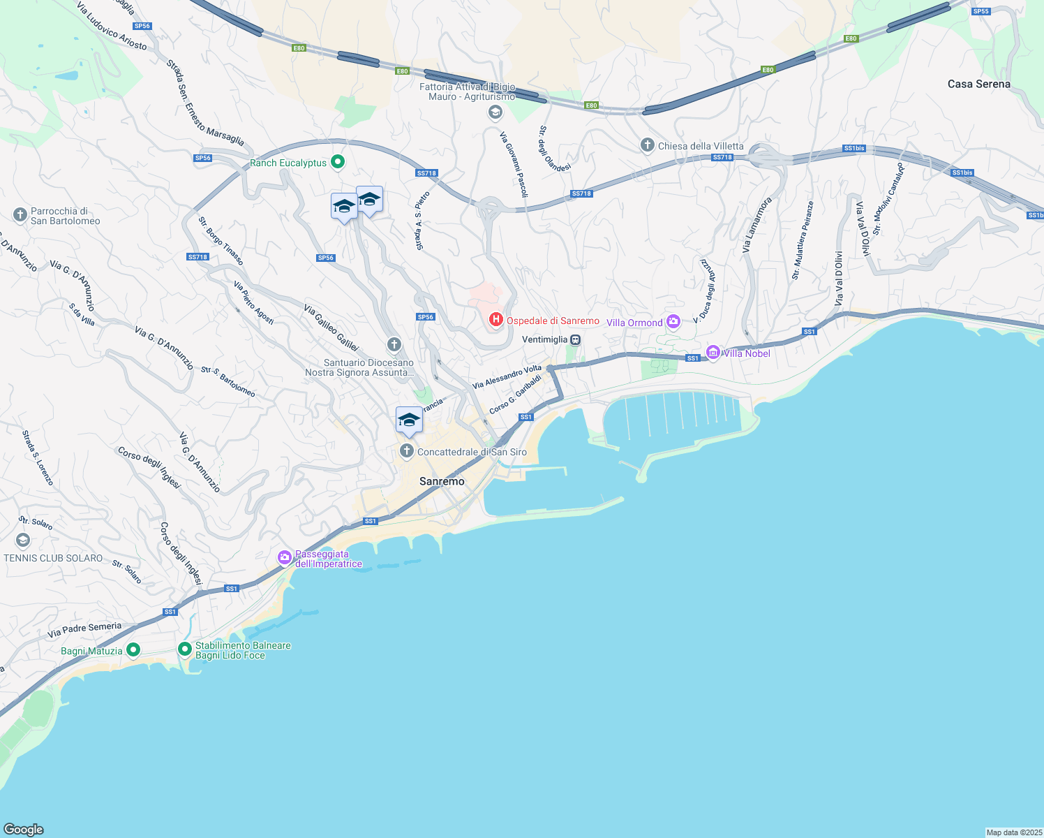map of restaurants, bars, coffee shops, grocery stores, and more near 82 Corso G. Garibaldi in Sanremo