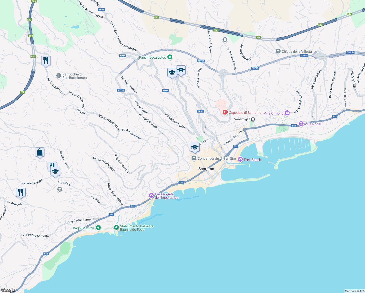 map of restaurants, bars, coffee shops, grocery stores, and more near 93 Via Pietro Agosti in Sanremo
