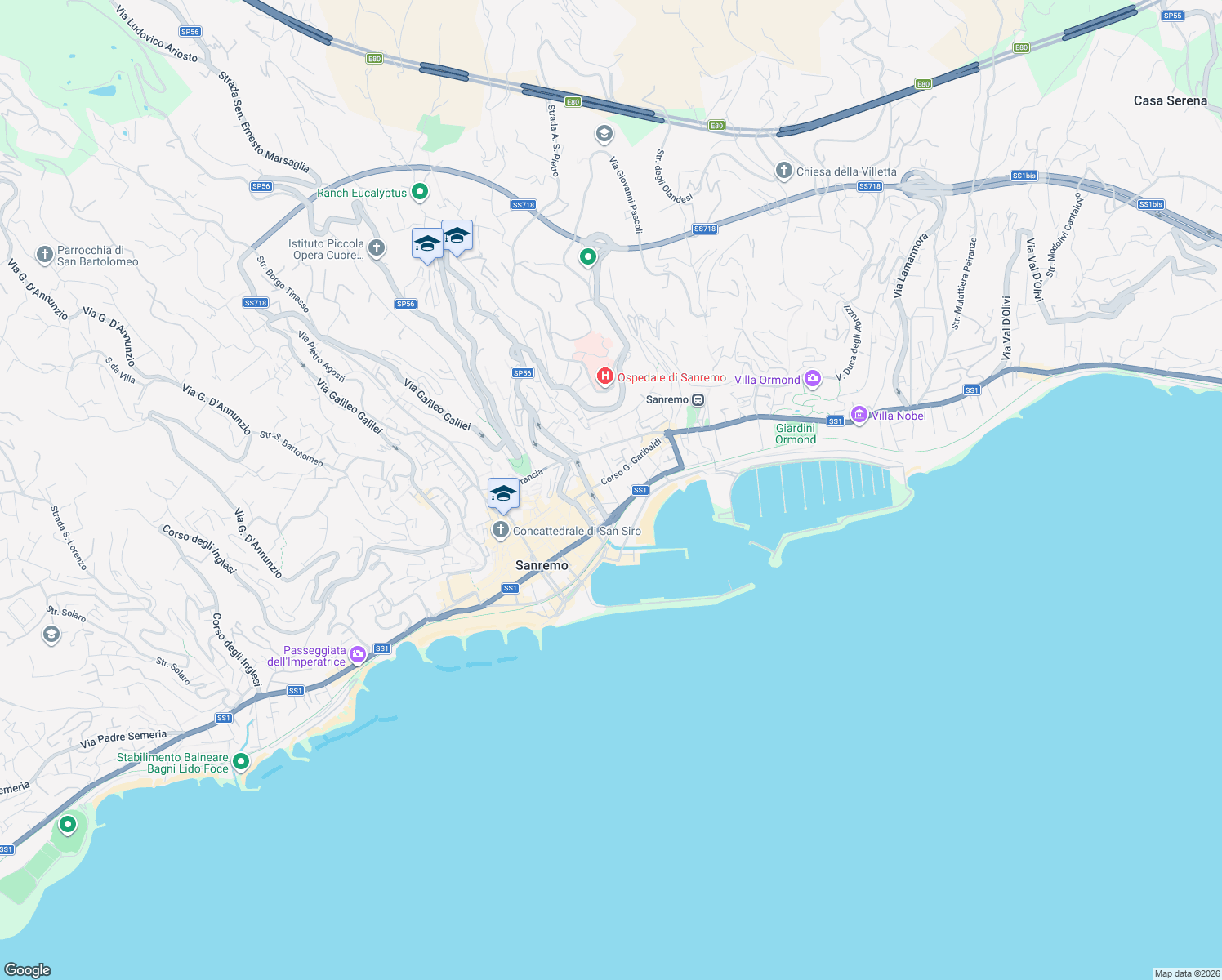 map of restaurants, bars, coffee shops, grocery stores, and more near 46 Via Alessandro Volta in Sanremo