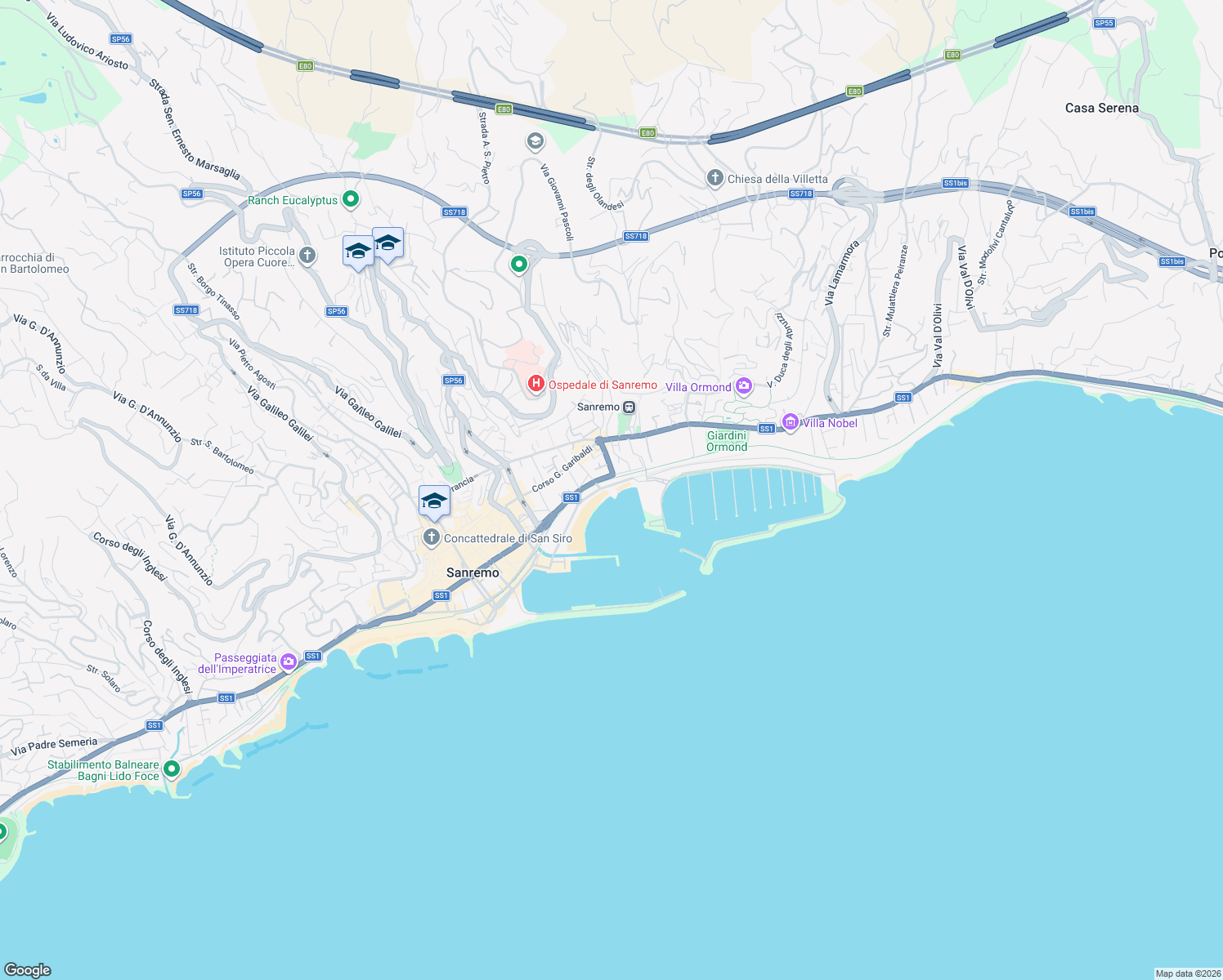map of restaurants, bars, coffee shops, grocery stores, and more near 241 Corso Salvo d' Acquisto in Sanremo