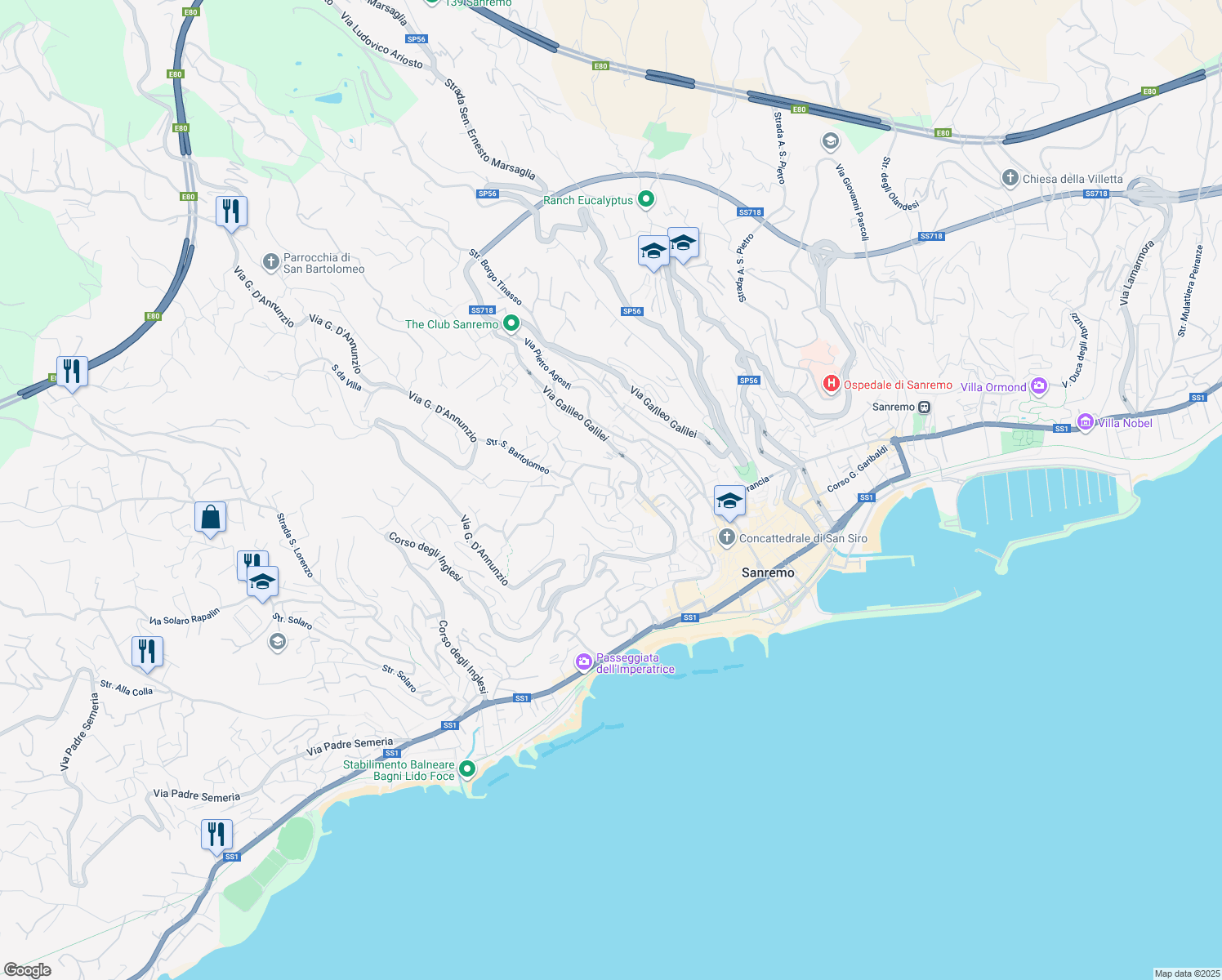 map of restaurants, bars, coffee shops, grocery stores, and more near 4 Via Edmondo de Amicis in Sanremo