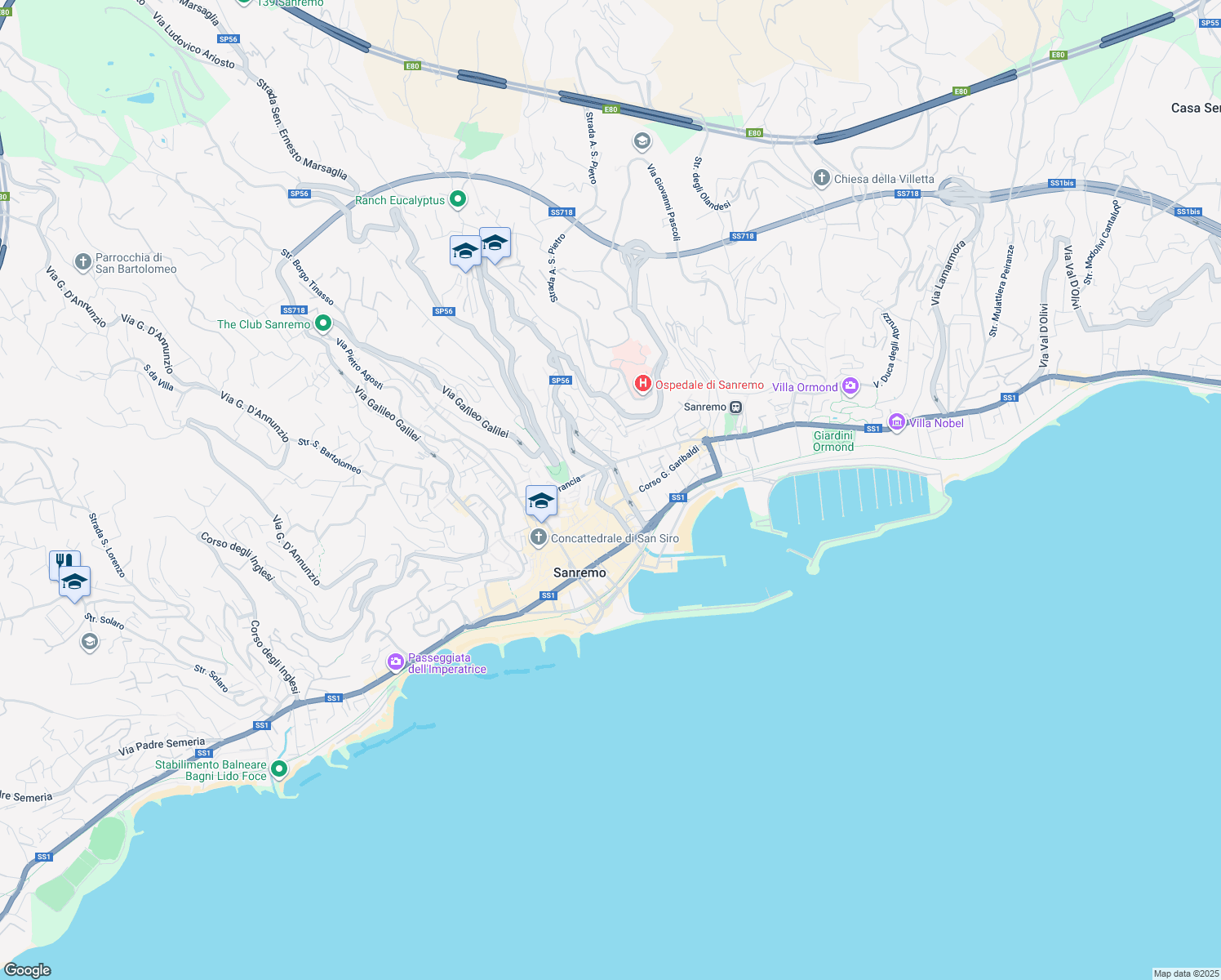 map of restaurants, bars, coffee shops, grocery stores, and more near 21 Piazza Cristoforo Colombo in Sanremo