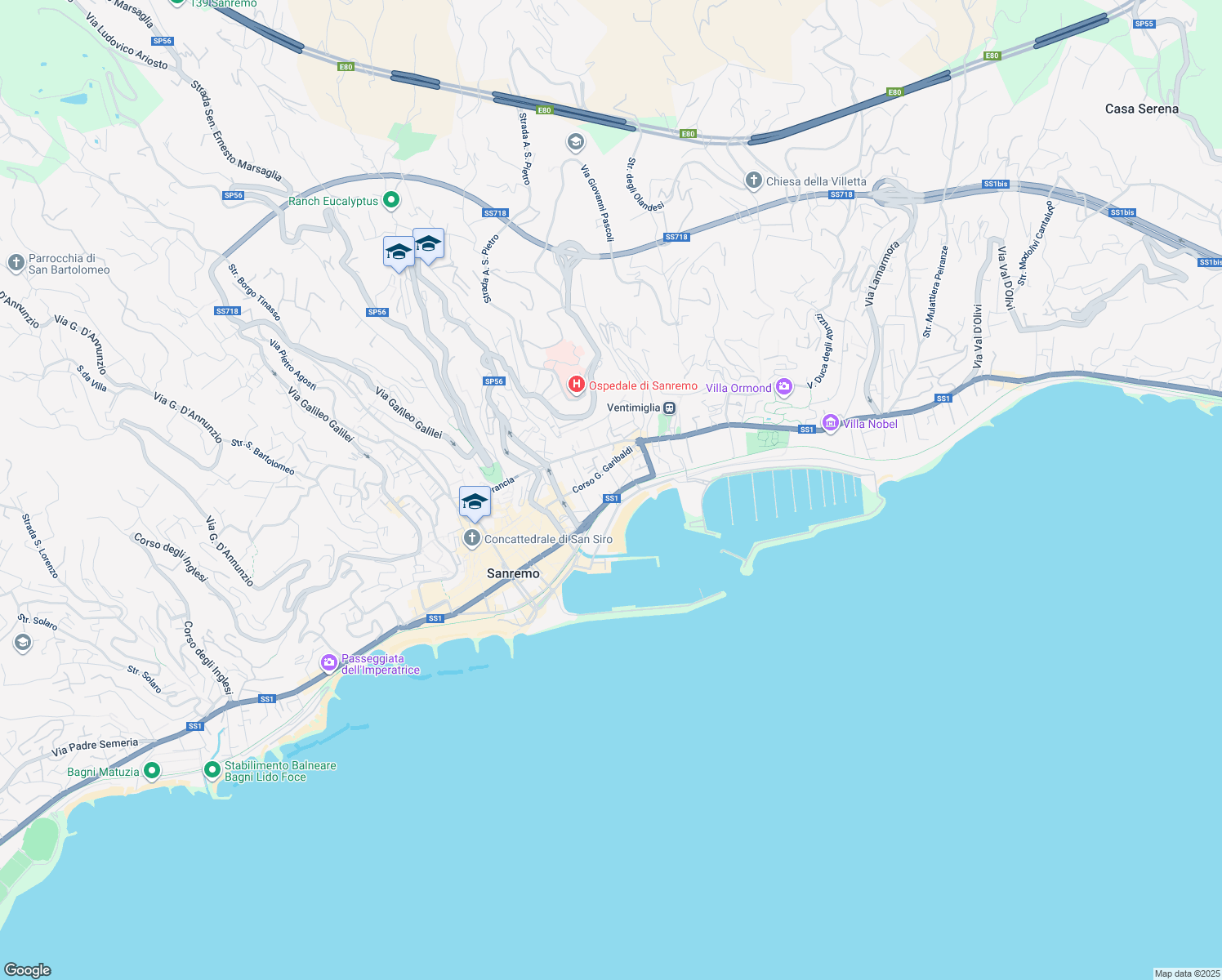 map of restaurants, bars, coffee shops, grocery stores, and more near 82 Corso Giuseppe Garibaldi in Sanremo