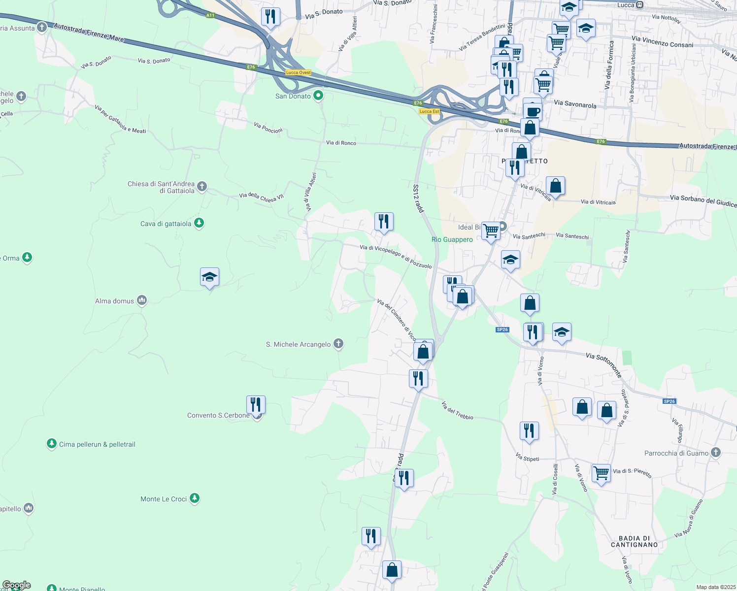 map of restaurants, bars, coffee shops, grocery stores, and more near 573a Via del Cimitero di Vicopelago in Lucca
