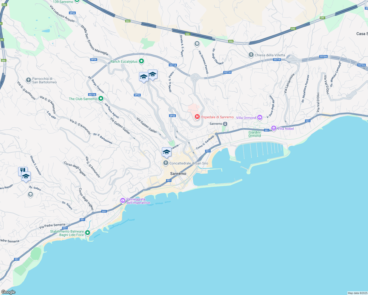 map of restaurants, bars, coffee shops, grocery stores, and more near 21 Piazza Cristoforo Colombo in Sanremo