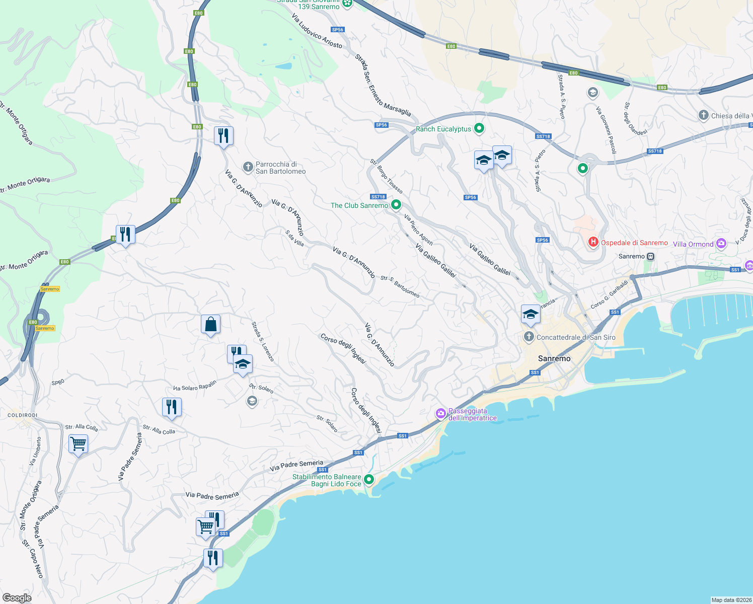 map of restaurants, bars, coffee shops, grocery stores, and more near 43 Strada Maccagnan in Sanremo
