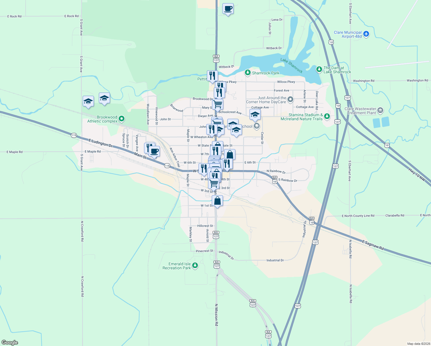 map of restaurants, bars, coffee shops, grocery stores, and more near U.S. 127 Business in Clare