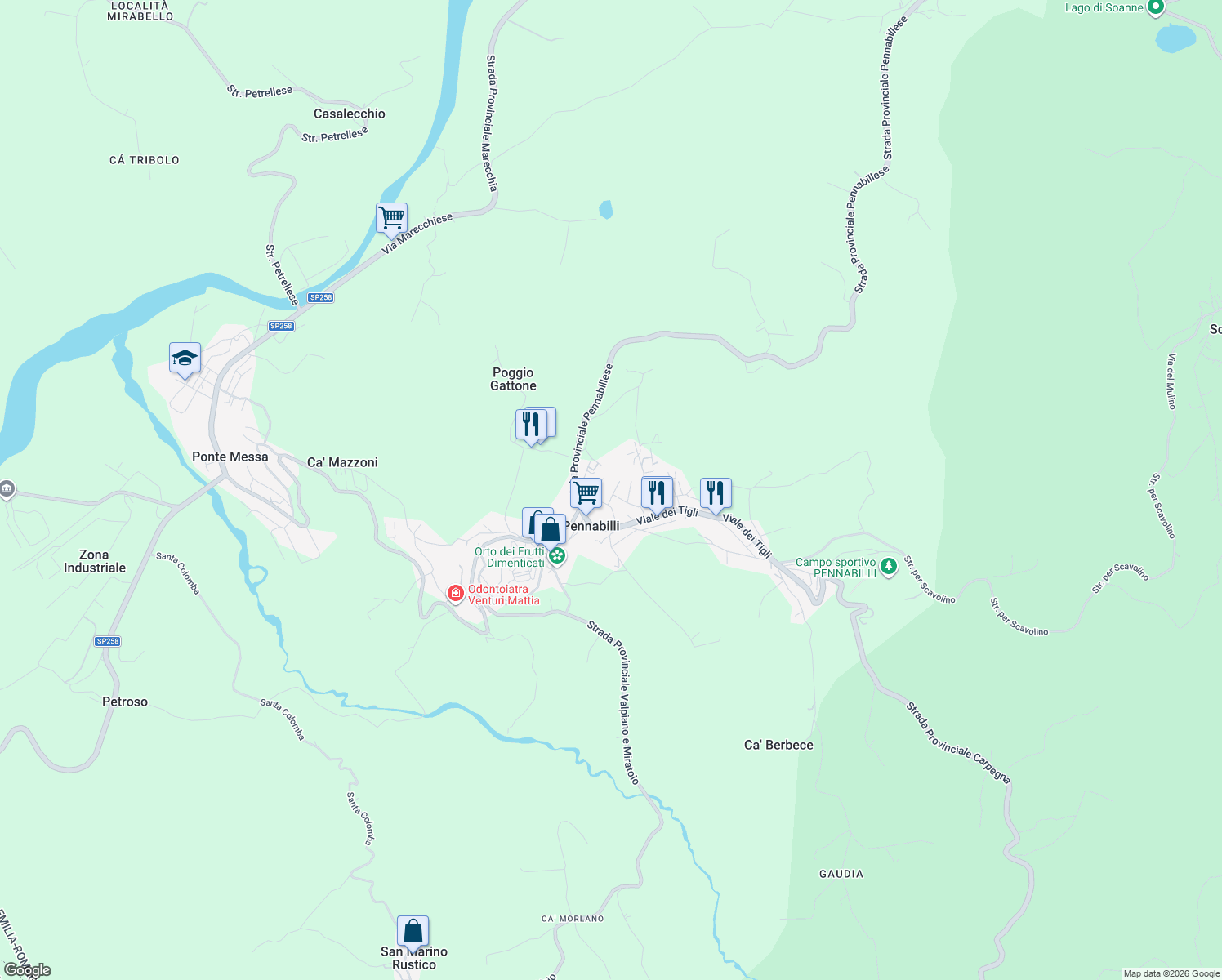 map of restaurants, bars, coffee shops, grocery stores, and more near 1 Via Eda Giardi in Pennabilli