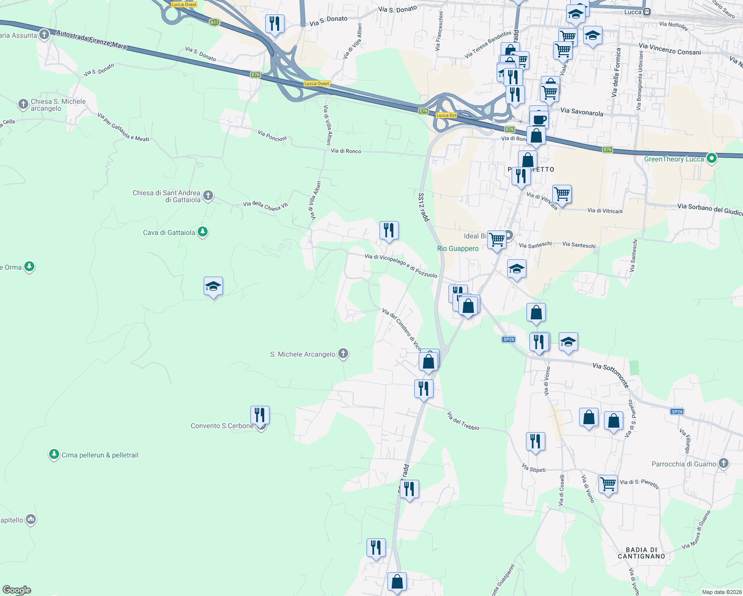 map of restaurants, bars, coffee shops, grocery stores, and more near 676 Via del Cimitero di Vicopelago in Lucca