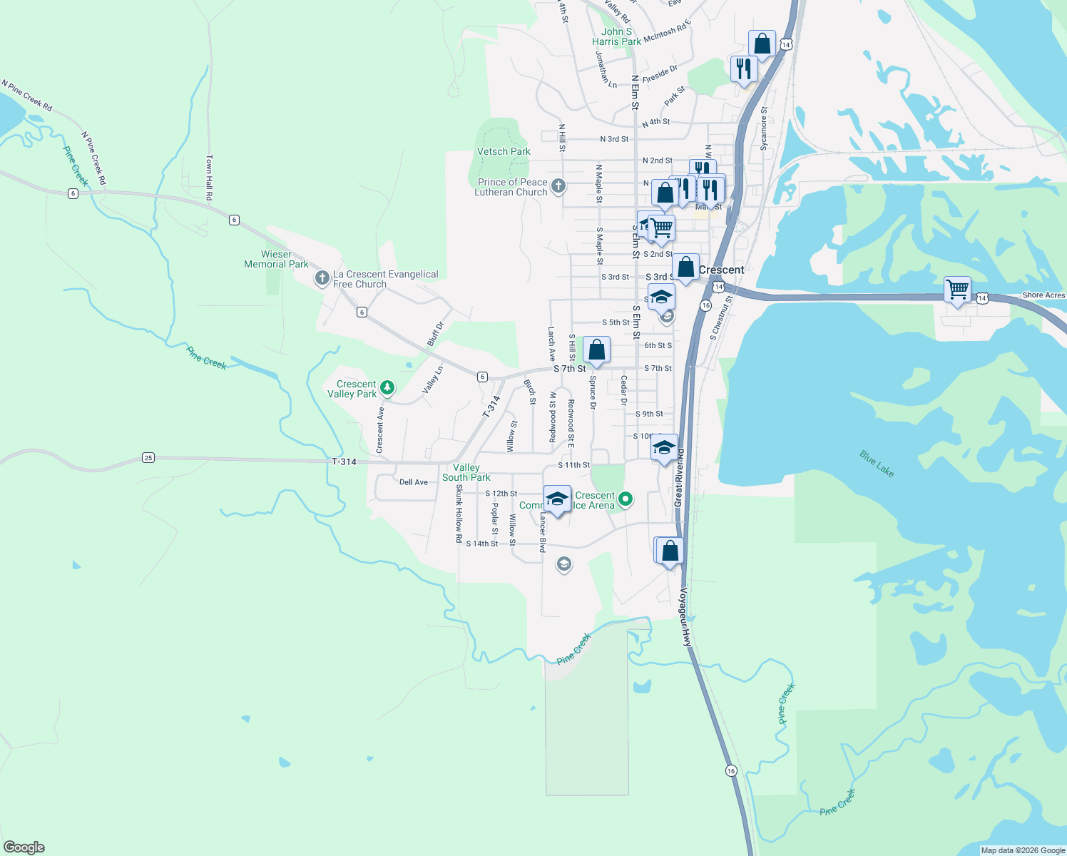map of restaurants, bars, coffee shops, grocery stores, and more near 921 Birch Street in La Crescent