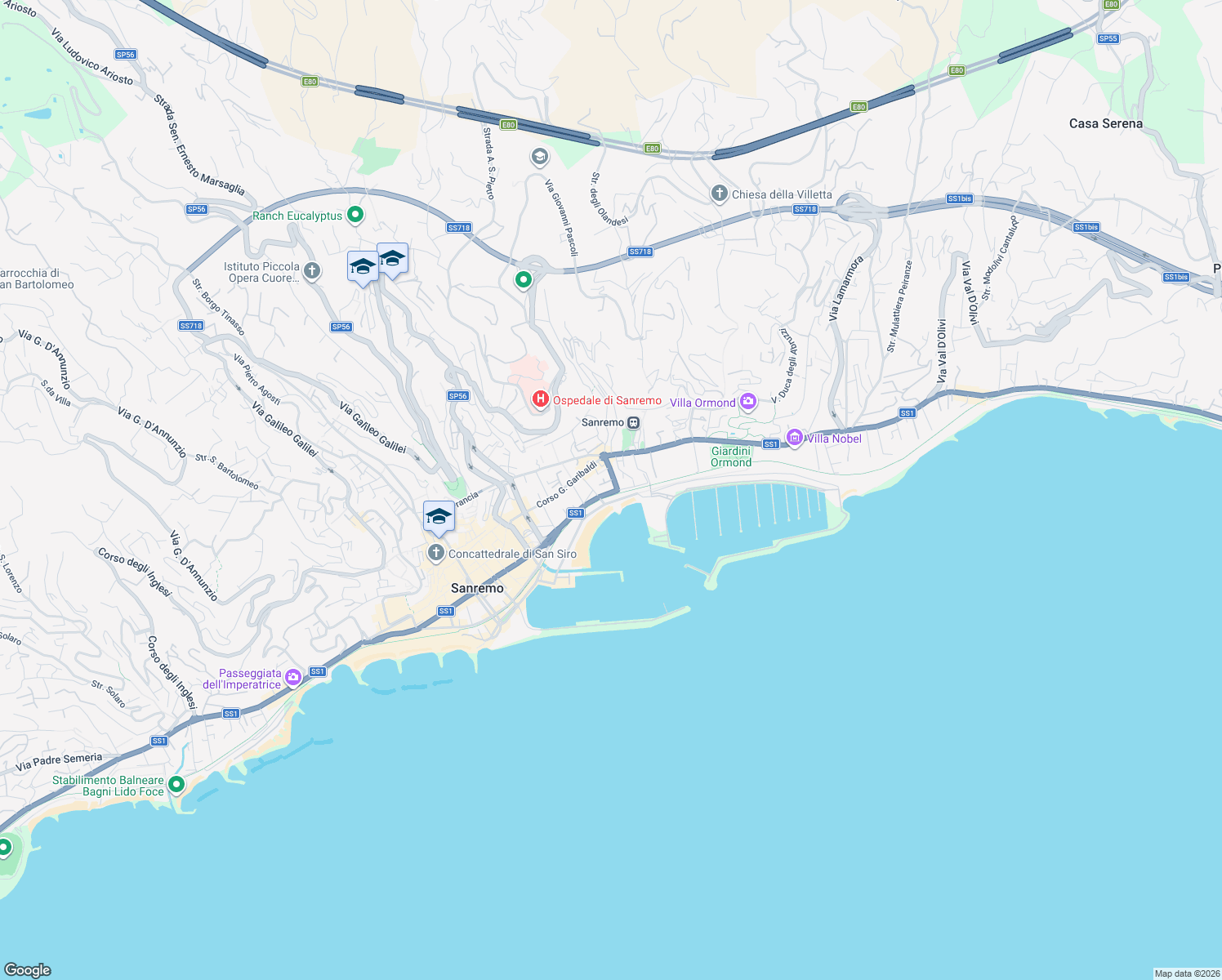 map of restaurants, bars, coffee shops, grocery stores, and more near 241 Corso Salvo d' Acquisto in Sanremo