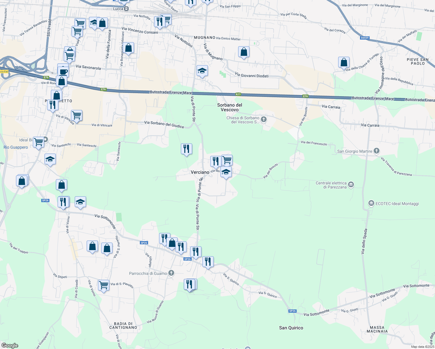 map of restaurants, bars, coffee shops, grocery stores, and more near 24 Via dei Boschi in Capannori