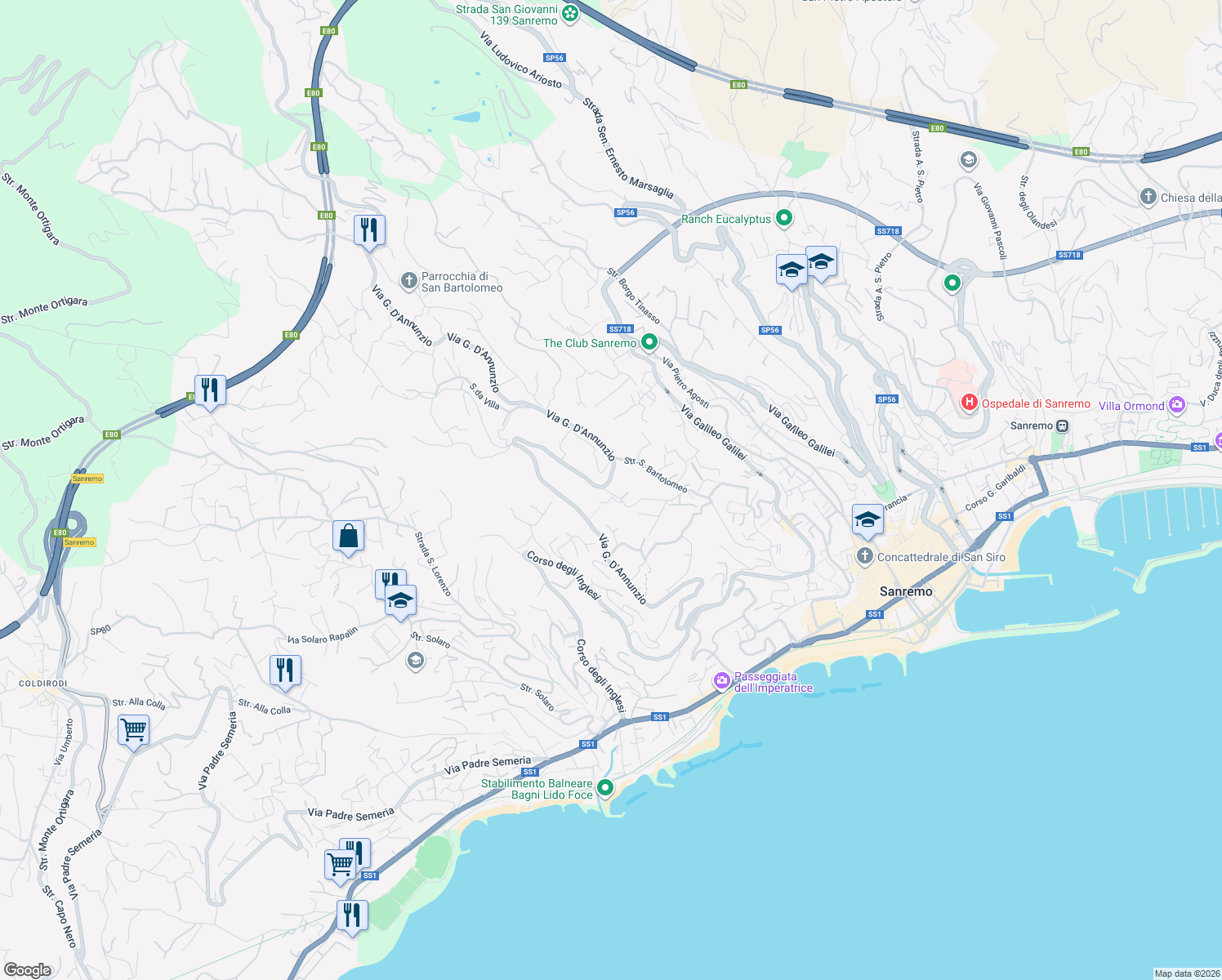 map of restaurants, bars, coffee shops, grocery stores, and more near 43 Strada Maccagnan in Sanremo