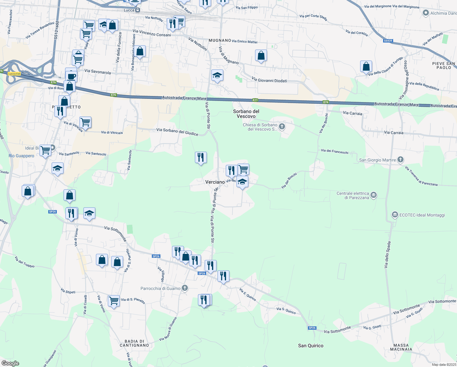 map of restaurants, bars, coffee shops, grocery stores, and more near 24 Via dei Boschi in Capannori
