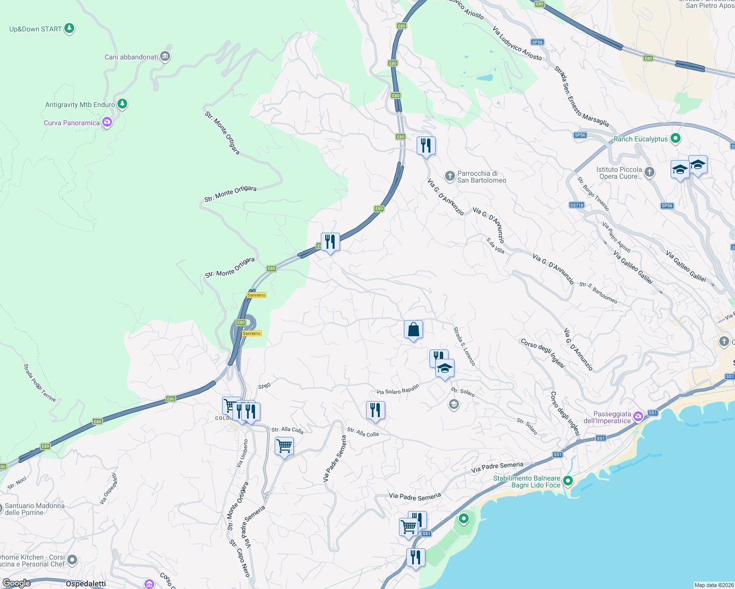 map of restaurants, bars, coffee shops, grocery stores, and more near 21 Strada Mulattiera San Lorenzo in Sanremo