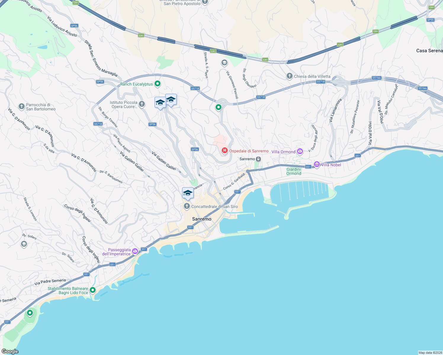 map of restaurants, bars, coffee shops, grocery stores, and more near 46 Via Alessandro Volta in Sanremo