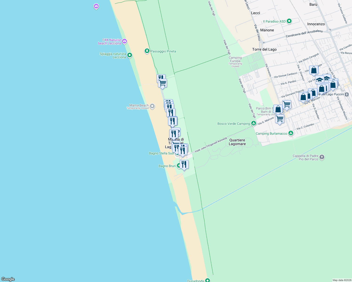 map of restaurants, bars, coffee shops, grocery stores, and more near 37 Viale Europa in Marina di Torre del Lago Puccini