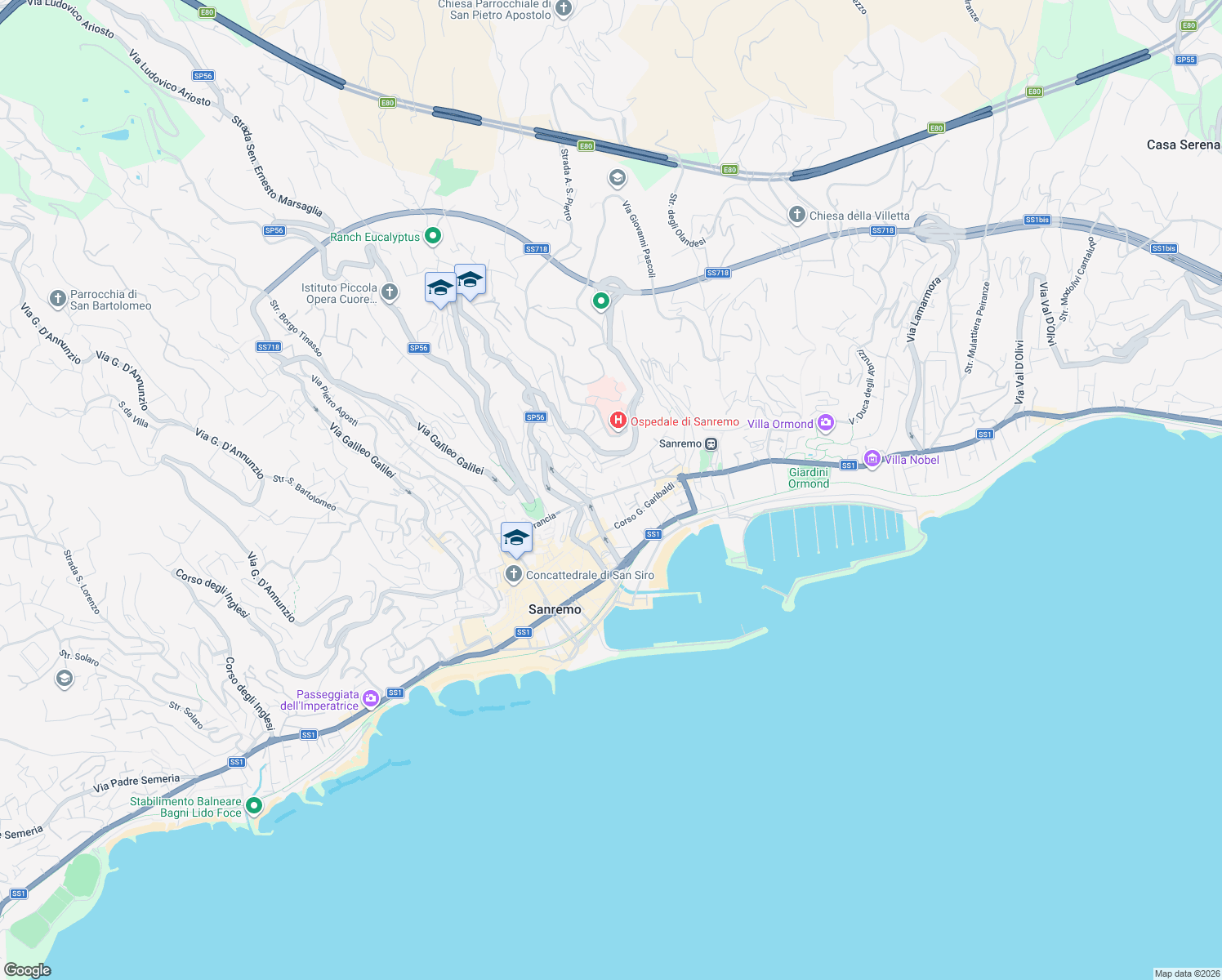 map of restaurants, bars, coffee shops, grocery stores, and more near 69 Via Alessandro Volta in Sanremo