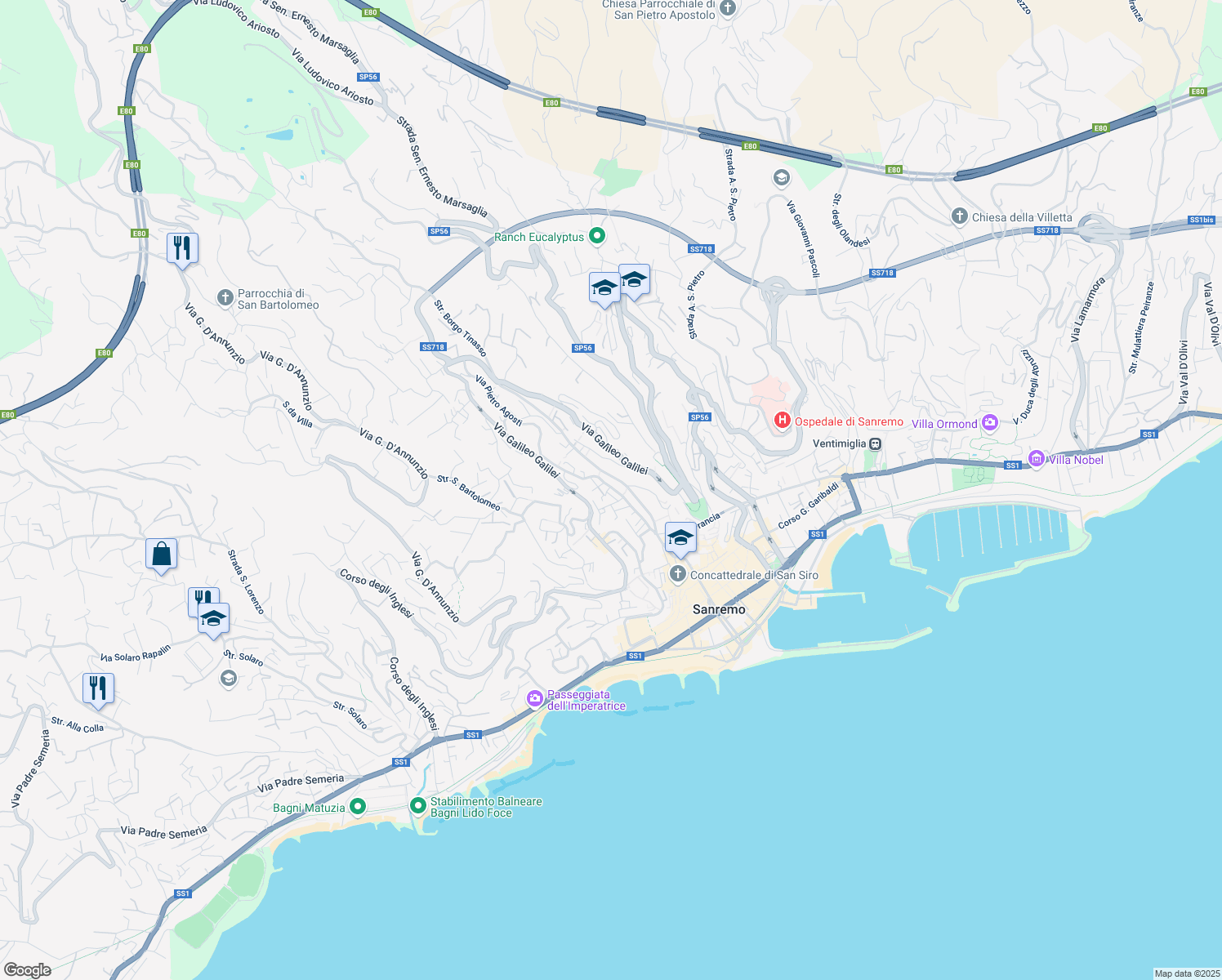 map of restaurants, bars, coffee shops, grocery stores, and more near 174 Via Pietro Agosti in Sanremo