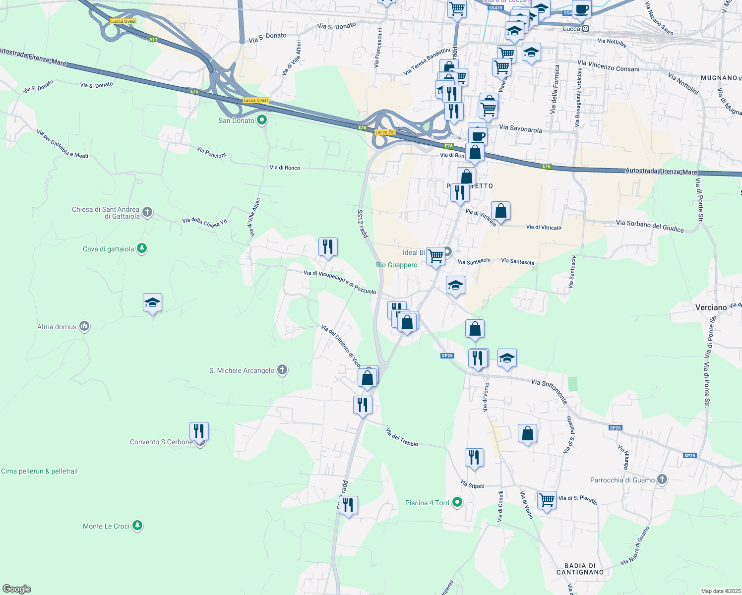 map of restaurants, bars, coffee shops, grocery stores, and more near 250 Via di Vicopelago e di Pozzuolo in Lucca