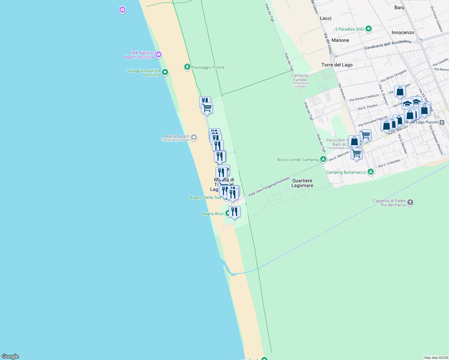map of restaurants, bars, coffee shops, grocery stores, and more near 37 Viale Europa in Marina di Torre del Lago Puccini