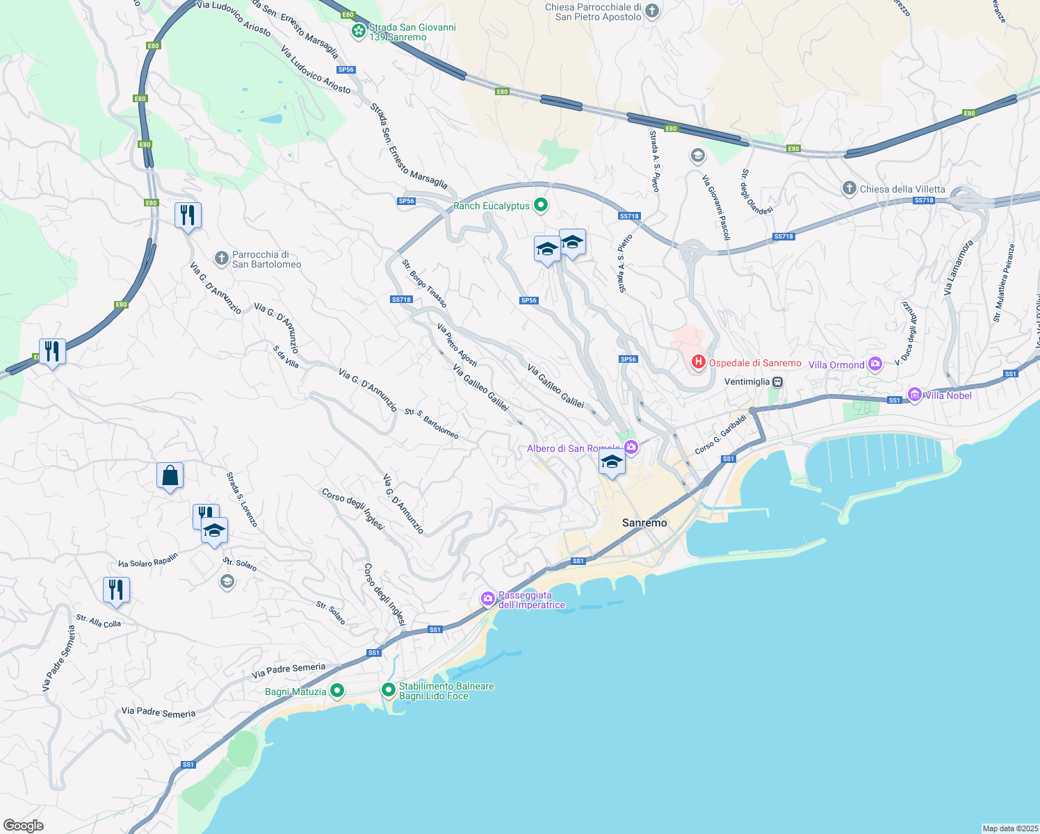 map of restaurants, bars, coffee shops, grocery stores, and more near 192-241 Via Pietro Agosti in Sanremo