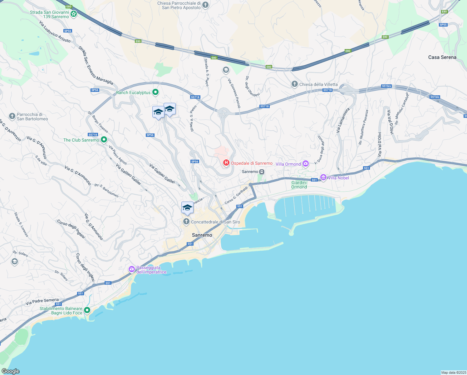 map of restaurants, bars, coffee shops, grocery stores, and more near 113 Via Alessandro Volta in Sanremo