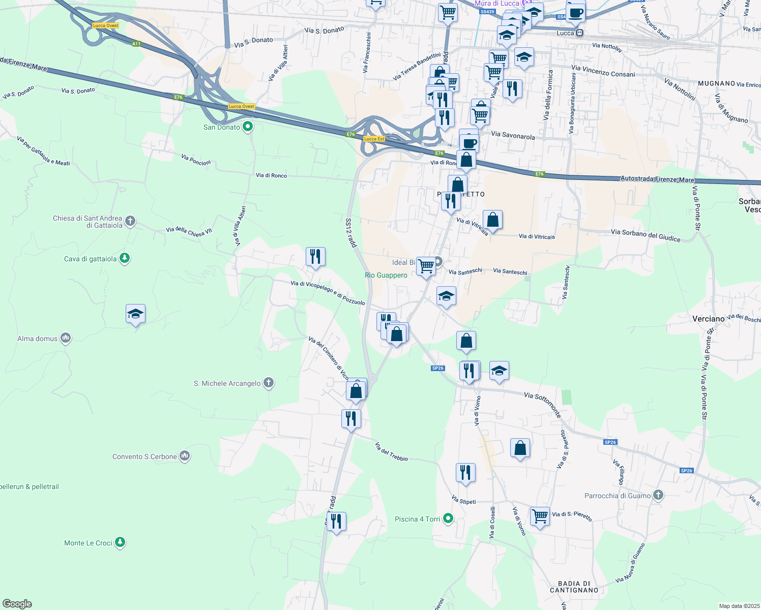 map of restaurants, bars, coffee shops, grocery stores, and more near 250 Via di Vicopelago e di Pozzuolo in Lucca