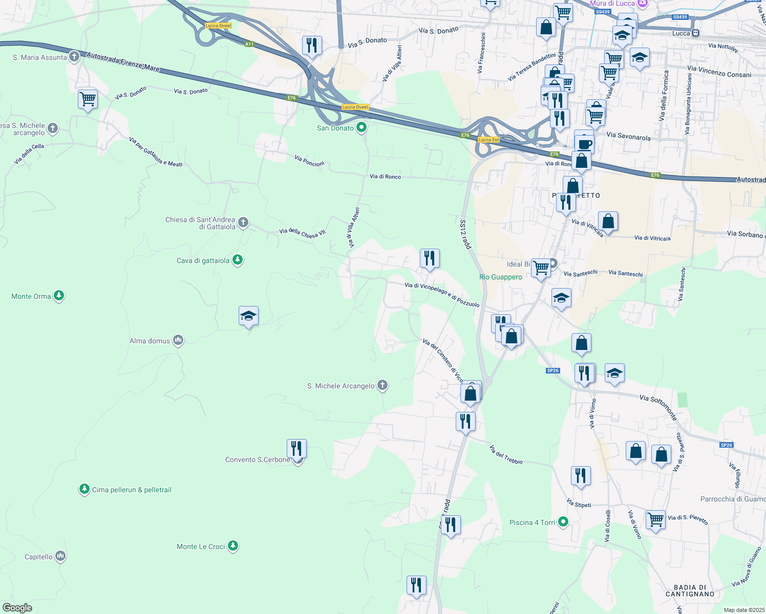 map of restaurants, bars, coffee shops, grocery stores, and more near 989 Via del Cimitero ⅩⅩⅠⅠⅠ in Lucca