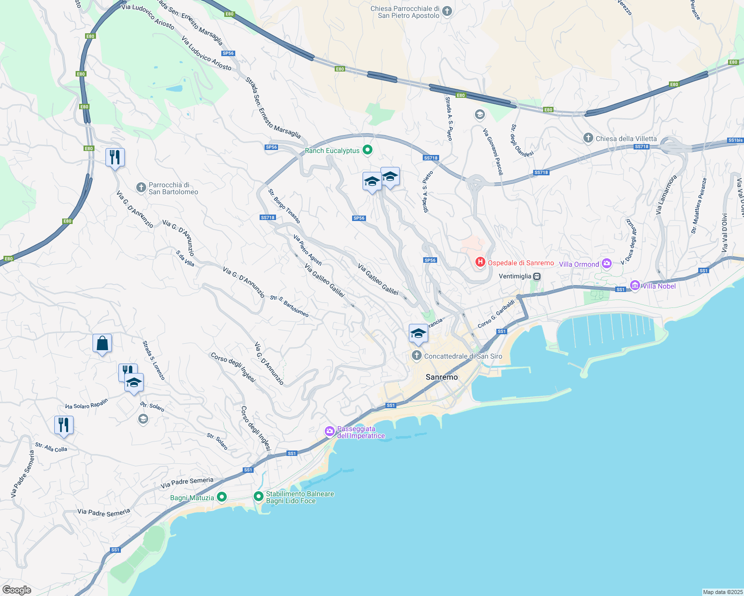 map of restaurants, bars, coffee shops, grocery stores, and more near 174 Via Pietro Agosti in Sanremo
