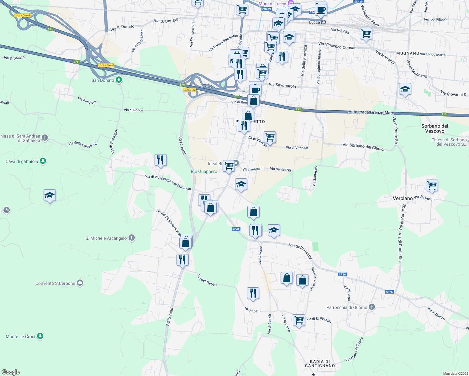 map of restaurants, bars, coffee shops, grocery stores, and more near 1086 Traversa ⅱ Via Per Vorno in Lucca