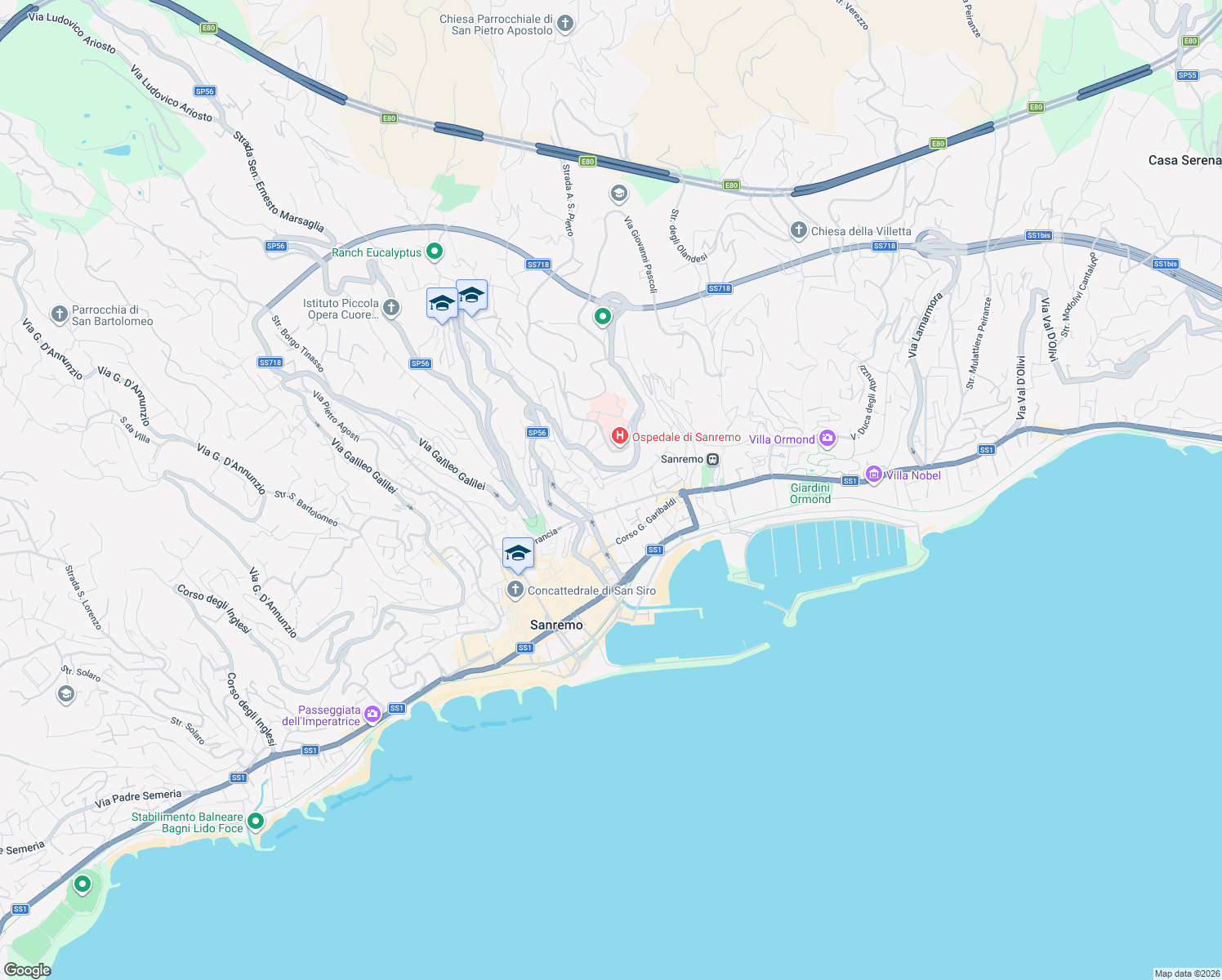 map of restaurants, bars, coffee shops, grocery stores, and more near 69 Via Alessandro Volta in Sanremo