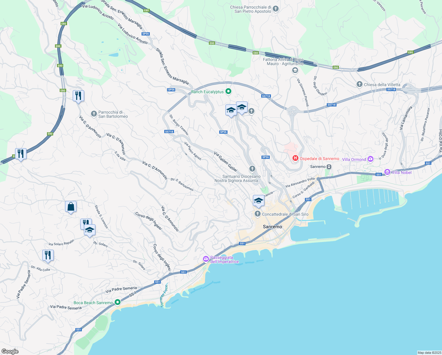 map of restaurants, bars, coffee shops, grocery stores, and more near 192 Via Pietro Agosti in Sanremo