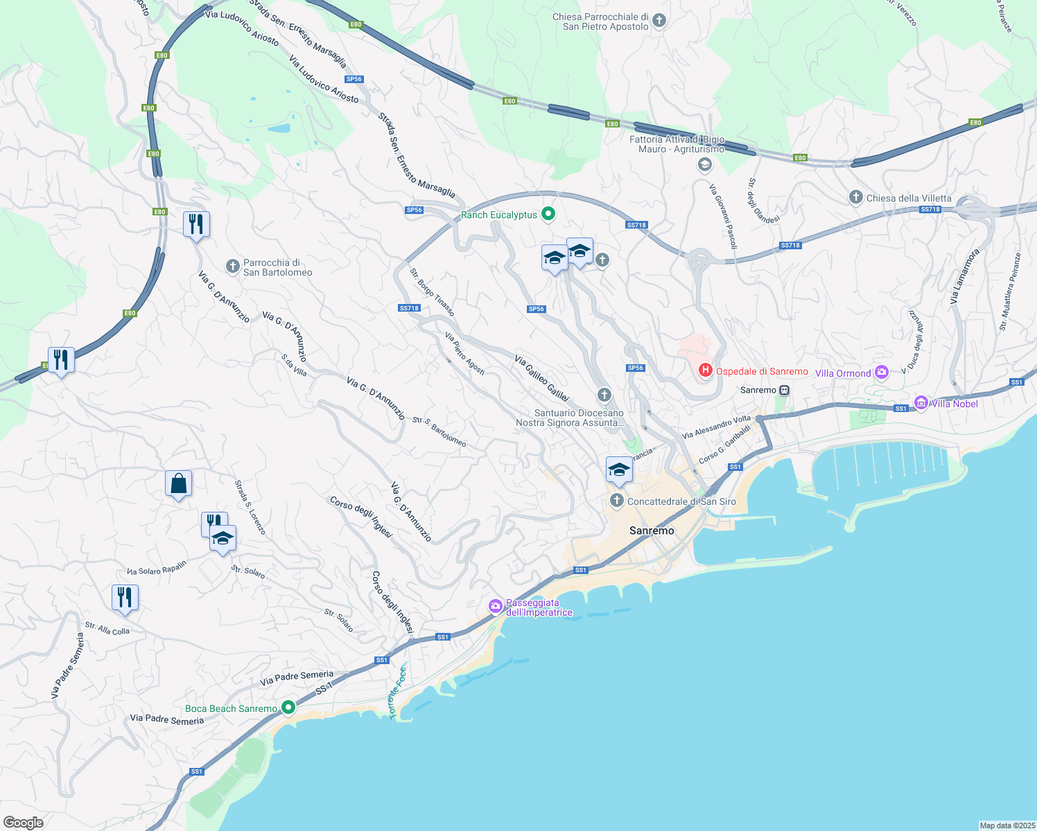 map of restaurants, bars, coffee shops, grocery stores, and more near 192-241 Via Pietro Agosti in Sanremo