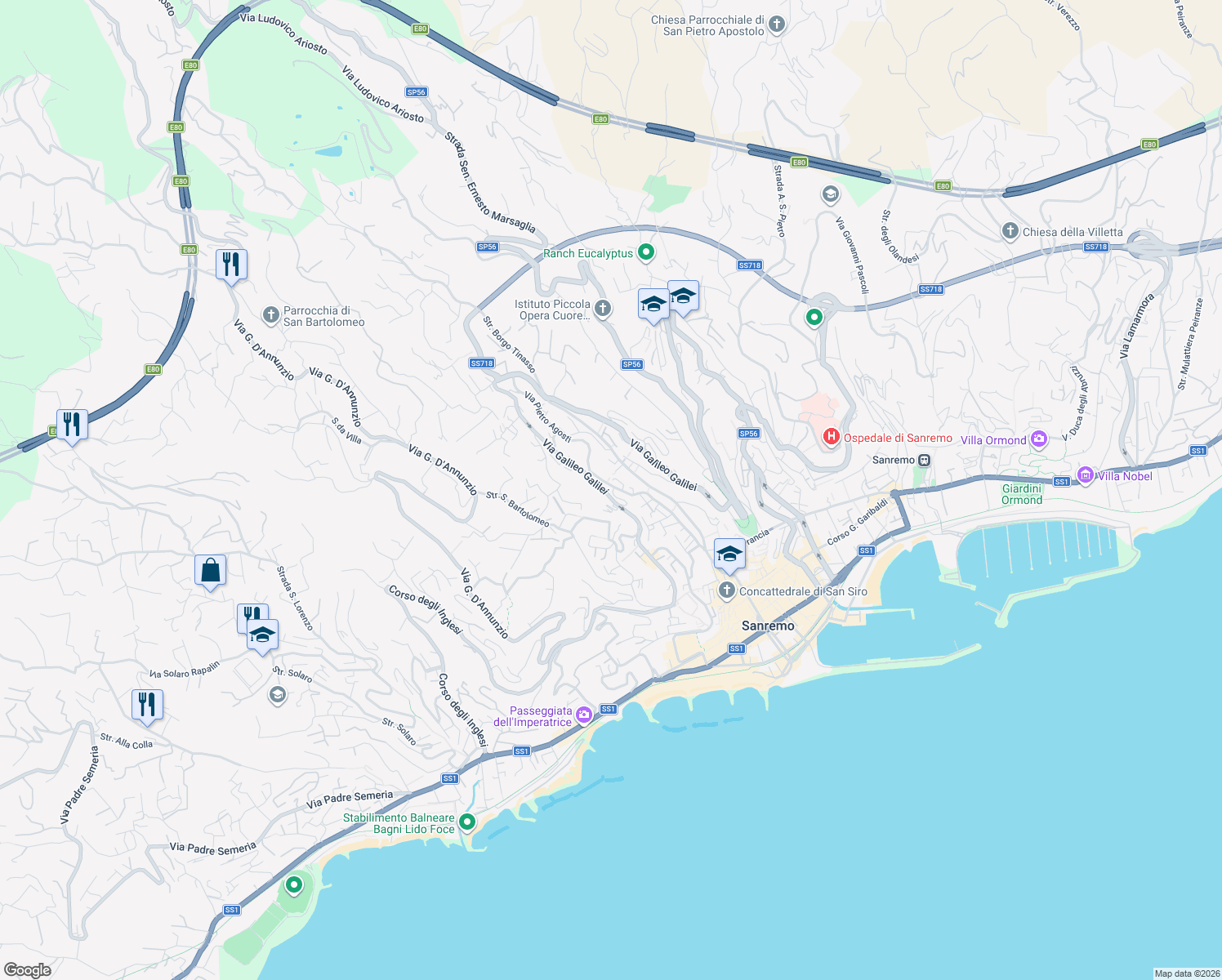map of restaurants, bars, coffee shops, grocery stores, and more near 192-241 Via Pietro Agosti in Sanremo