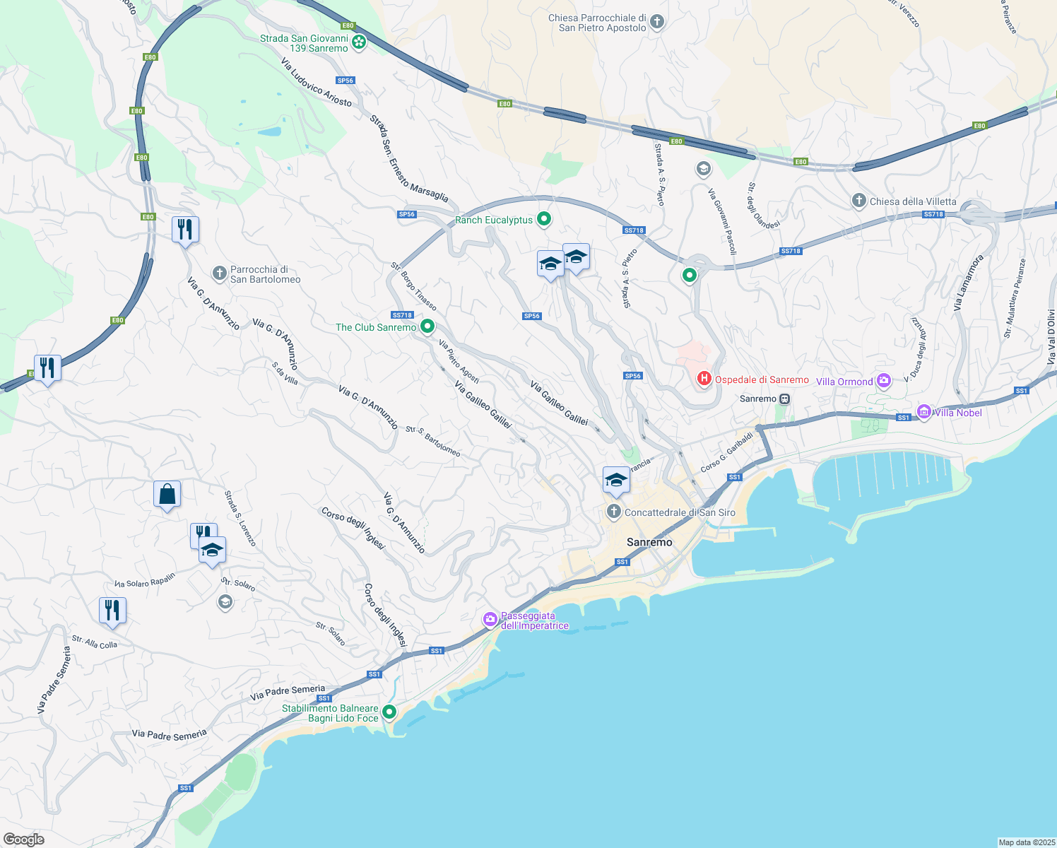 map of restaurants, bars, coffee shops, grocery stores, and more near 192 Via Pietro Agosti in Sanremo